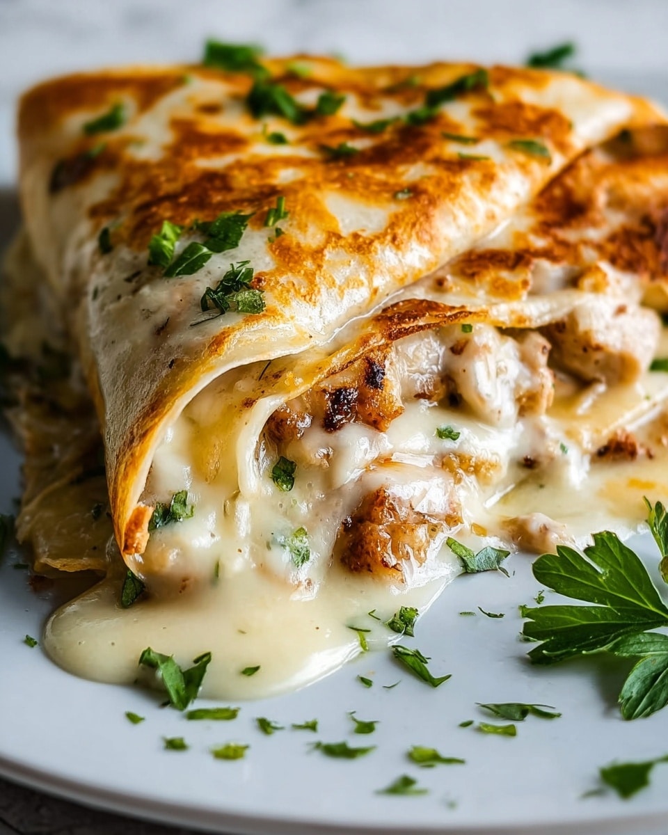 A close-up view of a folded crepe on a white plate, filled with a creamy, slightly browned cheese sauce that drips over the edges. Inside the crepe, there are layers of browned chicken pieces mixed with melted cheese. The top layer of the crepe has a golden brown, slightly crispy texture with small green herbs sprinkled on it. Additional green parsley leaves are scattered around the plate. The surface under the plate has a white marbled texture. photo taken with an iphone --ar 4:5 --v 7
