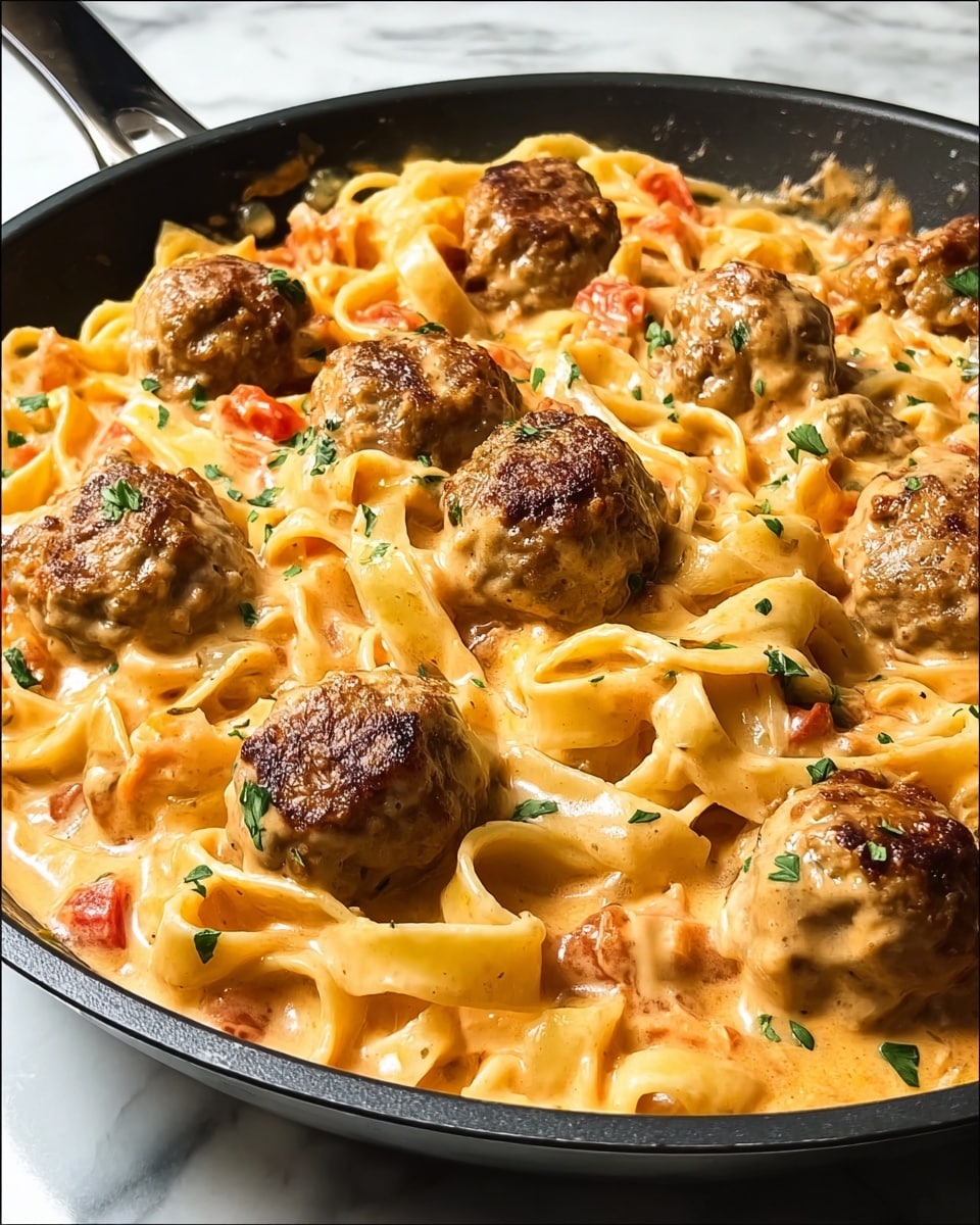 A close-up image showing a black pan filled with creamy pasta and meatballs. The dish has three main layers: at the bottom there are flat, wide noodles coated in thick, light orange creamy sauce with small bits of tomato mixed in; on top of the pasta, there are about a dozen brown, crispy meatballs that look juicy and well-cooked; scattered around the pasta and meatballs are small green herb pieces adding a fresh color contrast. The creamy sauce glazes the noodles and meatballs, giving a rich, smooth texture throughout. The pan rests on a white marbled surface. Photo taken with an iphone --ar 4:5 --v 7