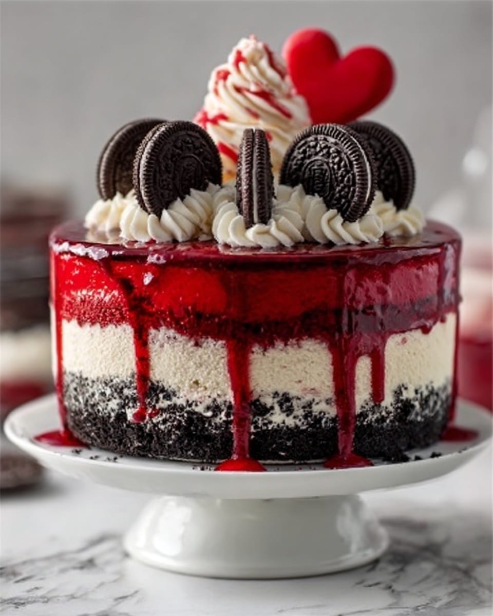 The image shows a layered cake on a white pedestal stand, placed on a white marbled surface. The cake has three distinct layers: the bottom layer is dark with a crumbly Oreo cookie texture, the middle layer is white and creamy, and the top layer is a smooth, shiny red glaze that slightly drips down the sides. On top, there are five whole Oreo cookies standing close together, a swirl of white whipped cream, and a red heart-shaped decoration with a small drizzle of red sauce running down beside the whipped cream. The overall look is rich and glossy. Photo taken with an iphone --ar 4:5 --v 7