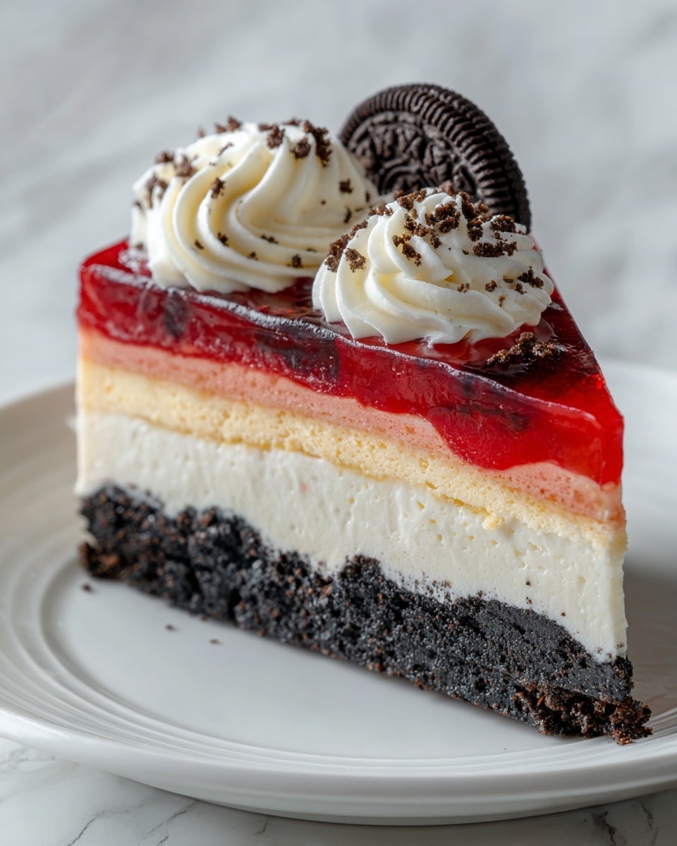 A slice of layered dessert on a white plate shows a dark crumbly base with a thick black layer above it, followed by a thick creamy white layer in the center. On top of the cream, there is a bright red jelly-like layer with a smooth shiny surface. Around the edges of the jelly layer are dark crumbly bits. The slice is decorated with a swirl of white whipped cream sprinkled with dark crumbs, and an Oreo cookie leaning on the cream near the back edge. The background is a white marbled texture. Photo taken with an iphone --ar 4:5 --v 7
