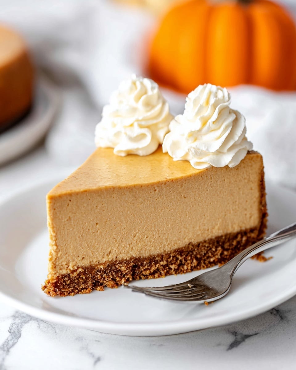 The image shows a slice of pumpkin cheesecake with two layers: a thick, creamy light brown pumpkin filling with a smooth texture topping a thin, crumbly brown crust at the bottom. On top of the cheesecake, there are two small swirls of white whipped cream placed near the back edge. The slice is placed on a white plate with a silver fork resting beside it on the right. The background has a soft white marbled texture with a blurred orange pumpkin in the distance. Photo taken with an iphone --ar 4:5 --v 7