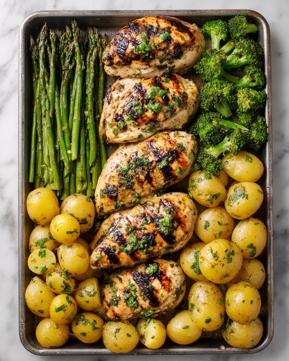 The dish shows a single-layer tray filled with four grilled chicken breasts that have a golden-brown color with dark grill marks and small green herb bits on top, placed vertically in the center. To the left side of the chicken, there is a row of bright green asparagus spears with slight charring. On the right side, there are many small round yellow potatoes, some whole and some halved to show their yellow inside, sprinkled with green herbs. At the top right corner, a few small pieces of bright green broccoli are placed. The tray rests on a white marbled surface. Photo taken with an iphone --ar 4:5 --v 7