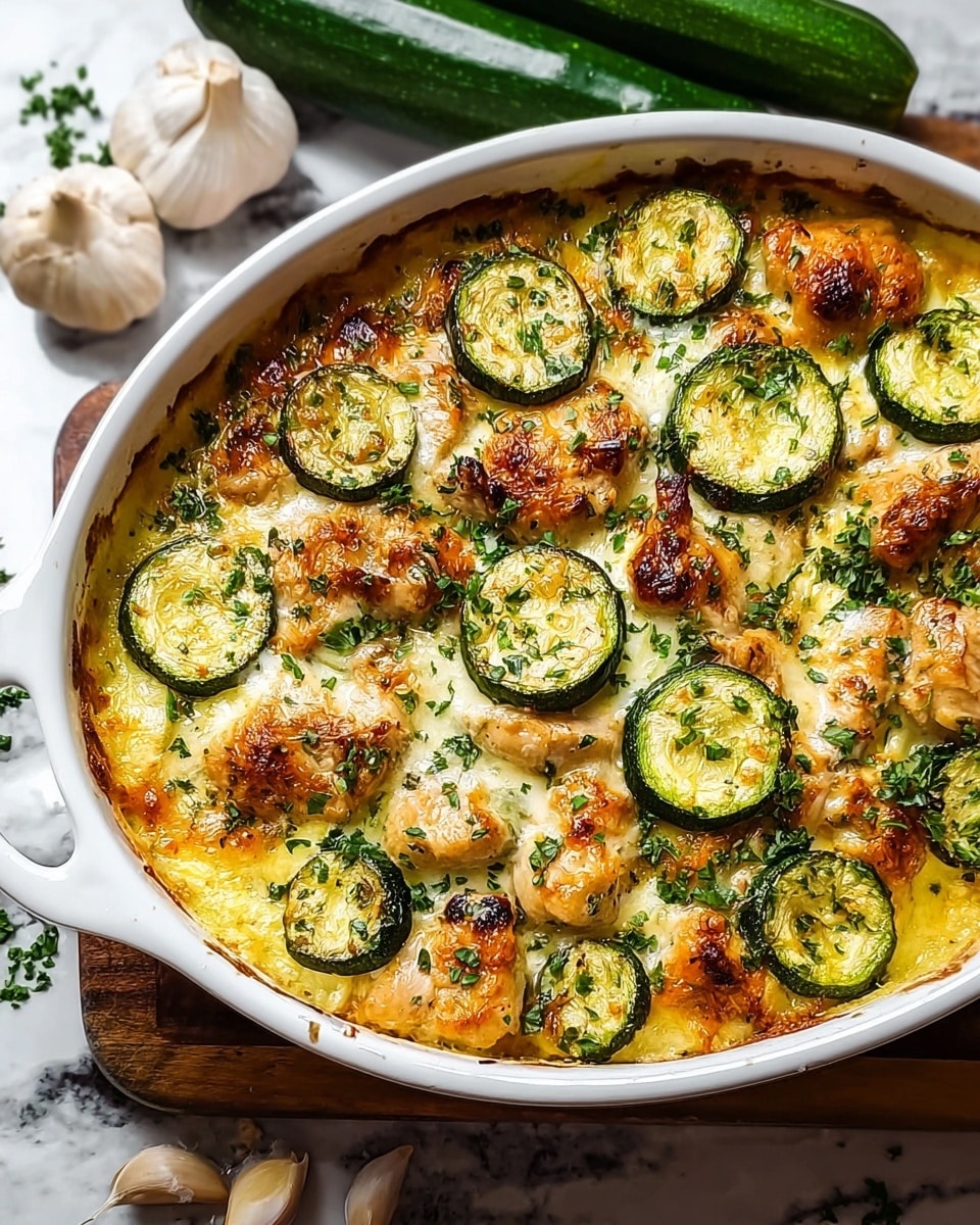 The image shows a white oval baking dish filled with a baked casserole. The bottom layer appears creamy and yellowish with melted cheese, topped with browned pieces of chicken scattered evenly. There are slices of cooked green zucchini placed on top, some with slight char marks. The dish is garnished with chopped green herbs sprinkled all over, adding a fresh contrast to the golden and green colors. The dish sits on a white marbled surface, with garlic and zucchini placed beside it for decoration. photo taken with an iphone --ar 4:5 --v 7