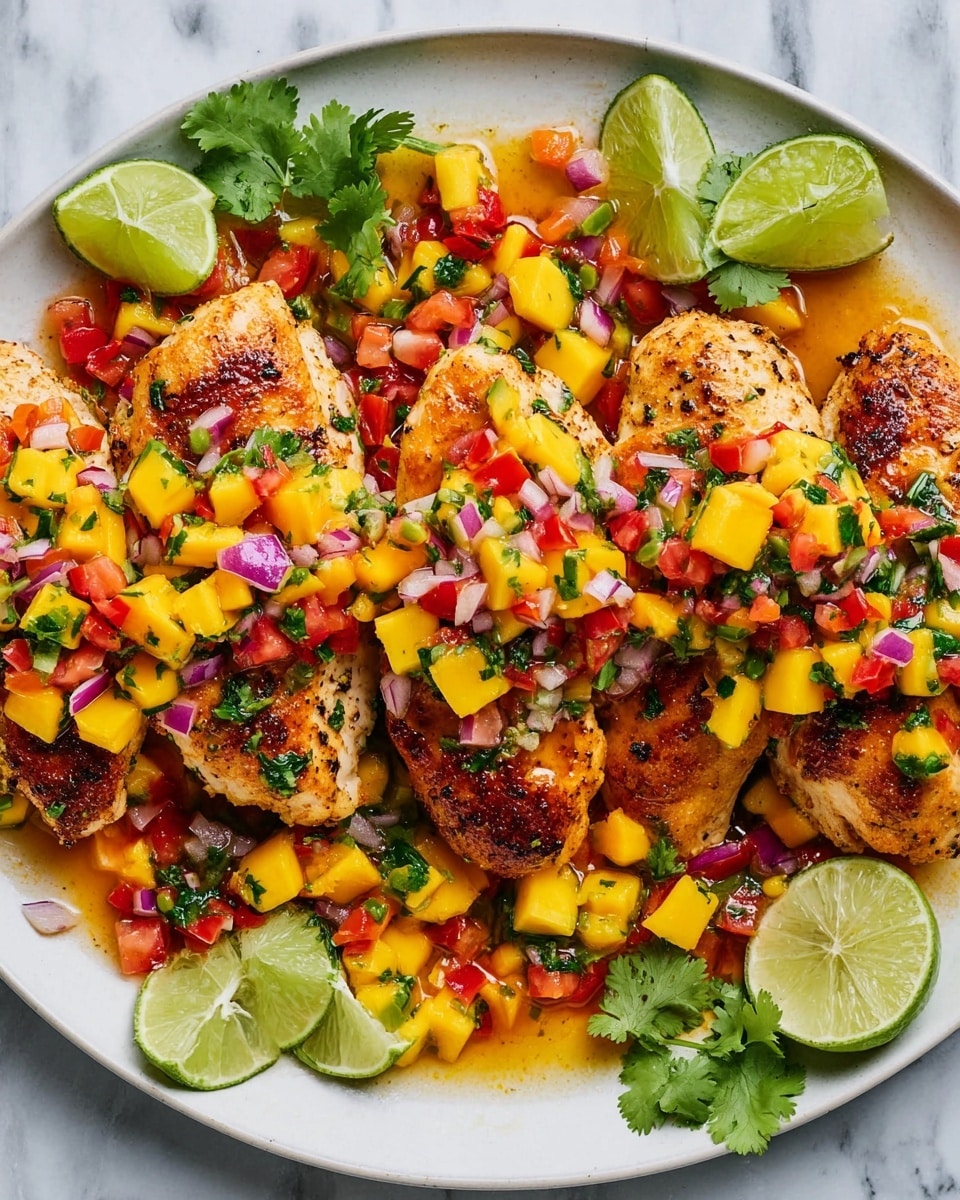 The image shows five pieces of cooked chicken breasts placed on a white plate, each topped with a colorful mango salsa made of chopped yellow mango, red tomatoes, red onions, and green herbs like cilantro. Around the chicken, the plate is filled with more salsa and garnished with several lime wedges and fresh cilantro leaves. The salsa looks fresh and juicy, adding bright red, yellow, green, and purple colors on top of the golden brown chicken. The plate sits on a white marbled surface. Photo taken with an iphone --ar 4:5 --v 7