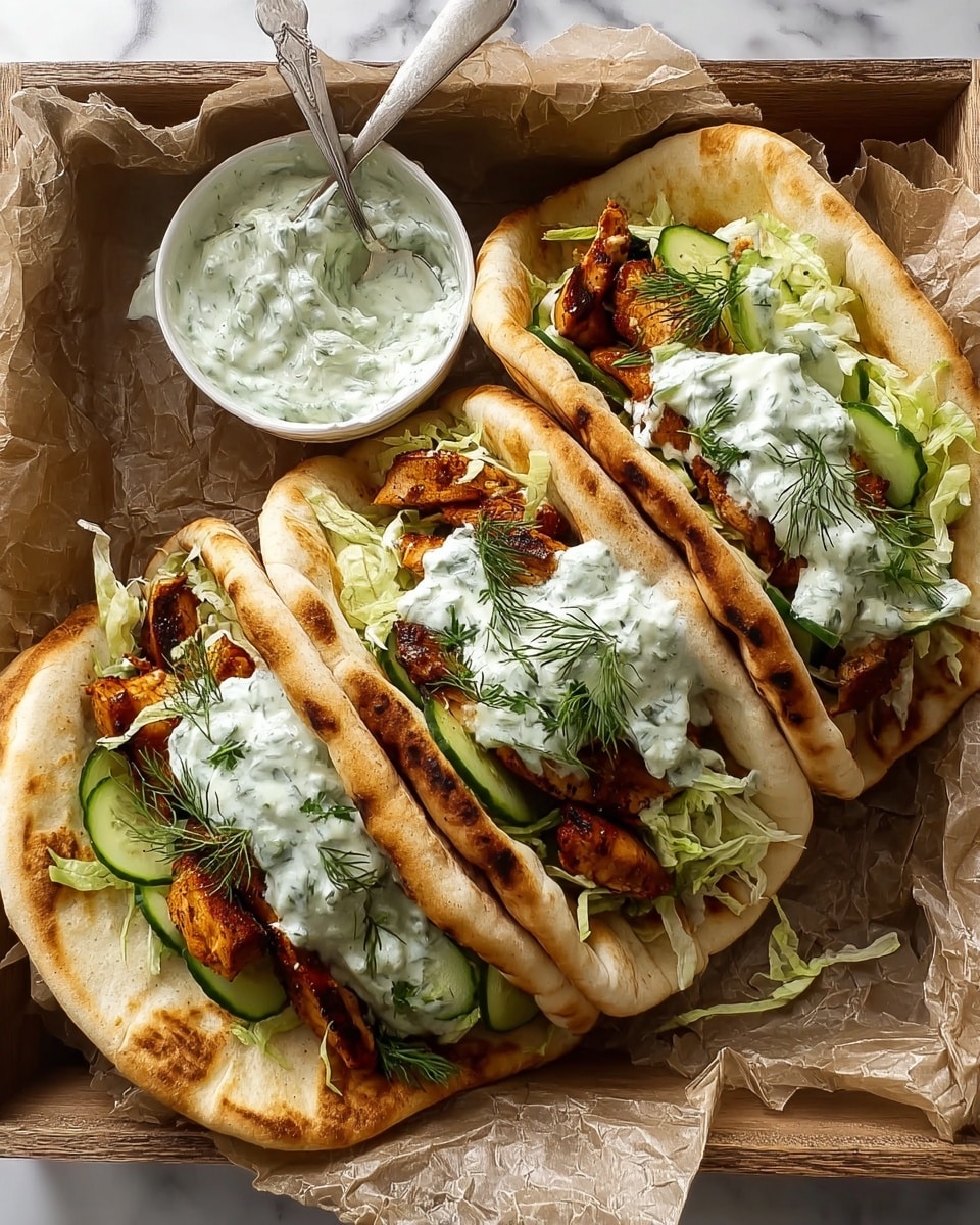 Three pita sandwiches are filled with layers of grilled, golden-brown chicken pieces at the bottom, topped with thin slices of bright green cucumbers, shredded light green lettuce, and dollops of creamy white tzatziki sauce with green herb flecks, garnished with sprigs of fresh dill. The pitas have a soft, slightly toasted surface with a light tan color, and the sandwiches are placed closely together on crumpled parchment paper inside a wooden box. A small white bowl filled with the same creamy herb sauce and a silver spoon rests beside the pitas. The whole scene is set against a white marbled texture. photo taken with an iphone --ar 4:5 --v 7