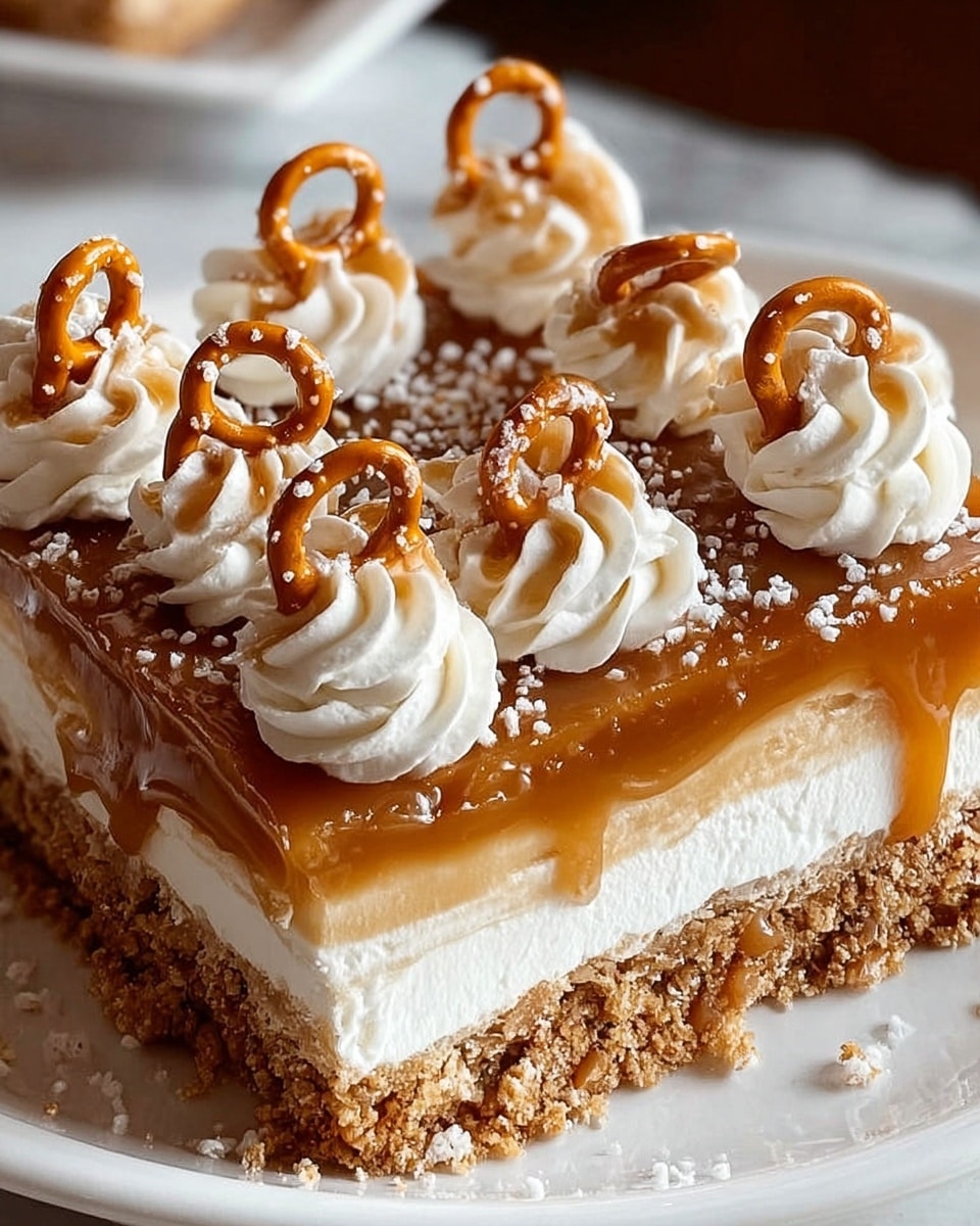 A square dessert piece showing three layers: the bottom layer is a crumbly golden-brown crust, the middle layer is a thick white creamy filling, and the top layer is a glossy caramel drizzle that slightly drips over the edges. On top of the caramel, there are white whipped cream swirls spaced evenly, each topped with a few golden pretzels and sprinkled with coarse sea salt. The dessert sits on a white plate, placed on a white marbled surface. Photo taken with an iphone --ar 4:5 --v 7