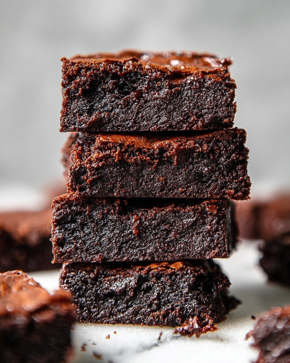 The image shows a close-up of three rich, dark brown brownies stacked vertically on a white marbled surface. Each brownie has a slightly cracked, shiny top layer with a dense and moist texture inside. The edges are slightly firmer and the center looks soft with visible crumbly bits. Around the stack, other brownie pieces are scattered on the white marbled surface, all emphasizing the rich chocolatey nature of the dessert. photo taken with an iphone --ar 4:5 --v 7