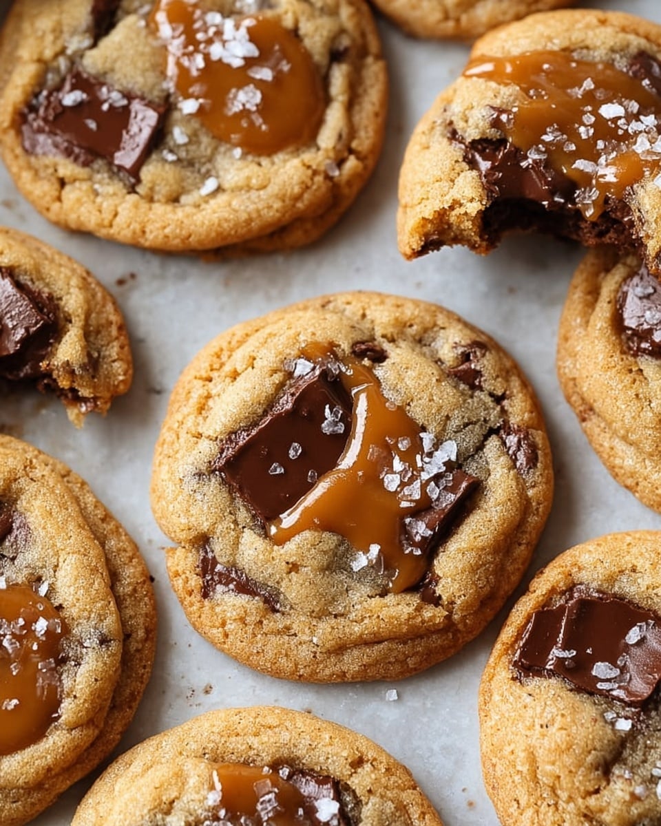 The image shows round cookies with a golden brown base that looks soft and slightly chewy. Each cookie has large, uneven chunks of dark brown melted chocolate spread through the top layer. There are glossy caramel dollops swirled partly over the chocolate and cookie dough, adding a smooth texture and caramel color contrast. A light sprinkling of coarse white sea salt flakes sits on some cookies, enhancing the visual texture. The cookies are arranged closely together on a flat surface with a white marbled texture in the background. One cookie at the top right appears partially broken, revealing a soft interior with visible chocolate and caramel pieces inside. photo taken with an iphone --ar 4:5 --v 7