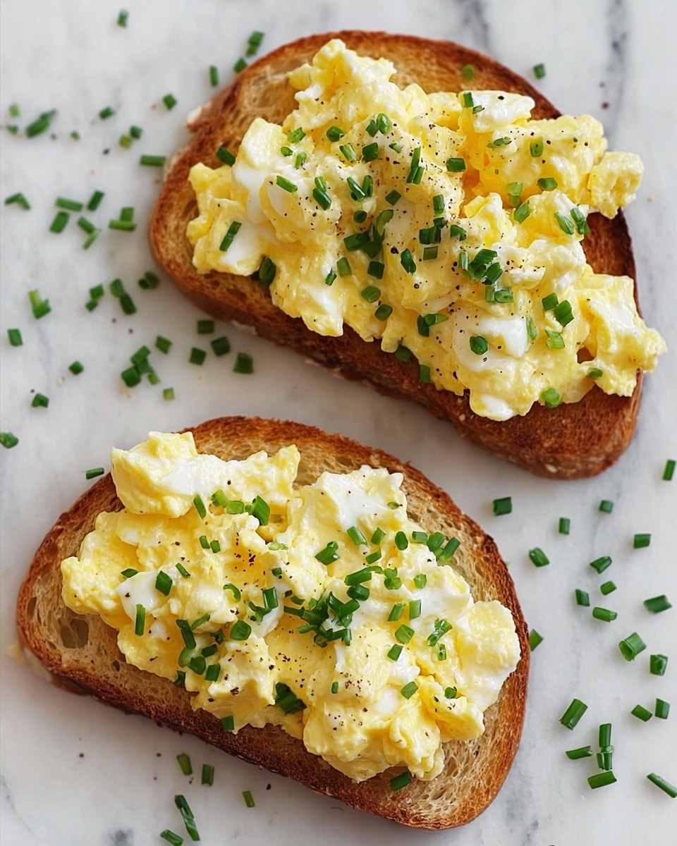 A piece of golden-brown toasted bread sits on white marbled texture paper, topped with two layers: the first is fluffy, bright yellow scrambled eggs, and on top of that are dollops of soft, white cottage cheese. Small chopped green chives are scattered across the top, along with a sprinkle of coarse black pepper, adding tiny dark specks. Some chives are also scattered around on the paper, adding a fresh green contrast. The toast's edges are crispy and lightly browned, showing a nice texture contrast to the soft toppings. photo taken with an iphone --ar 4:5 --v 7