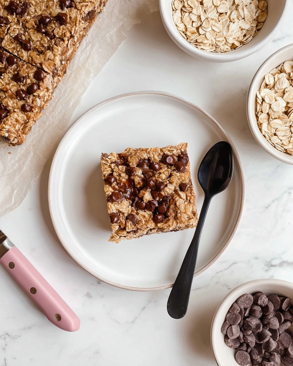 The image shows three square oat and chocolate chip bars on crumpled parchment paper. Each bar has a rough texture made of visible oats, with large round dark chocolate chips scattered on top and inside. The bars are golden brown and slightly shiny, with a chewy look. To the right of the bars is a flat metal spreader with a pink handle, smeared with some chocolate. The background has a white marbled texture underneath the parchment paper. photo taken with an iphone --ar 4:5 --v 7