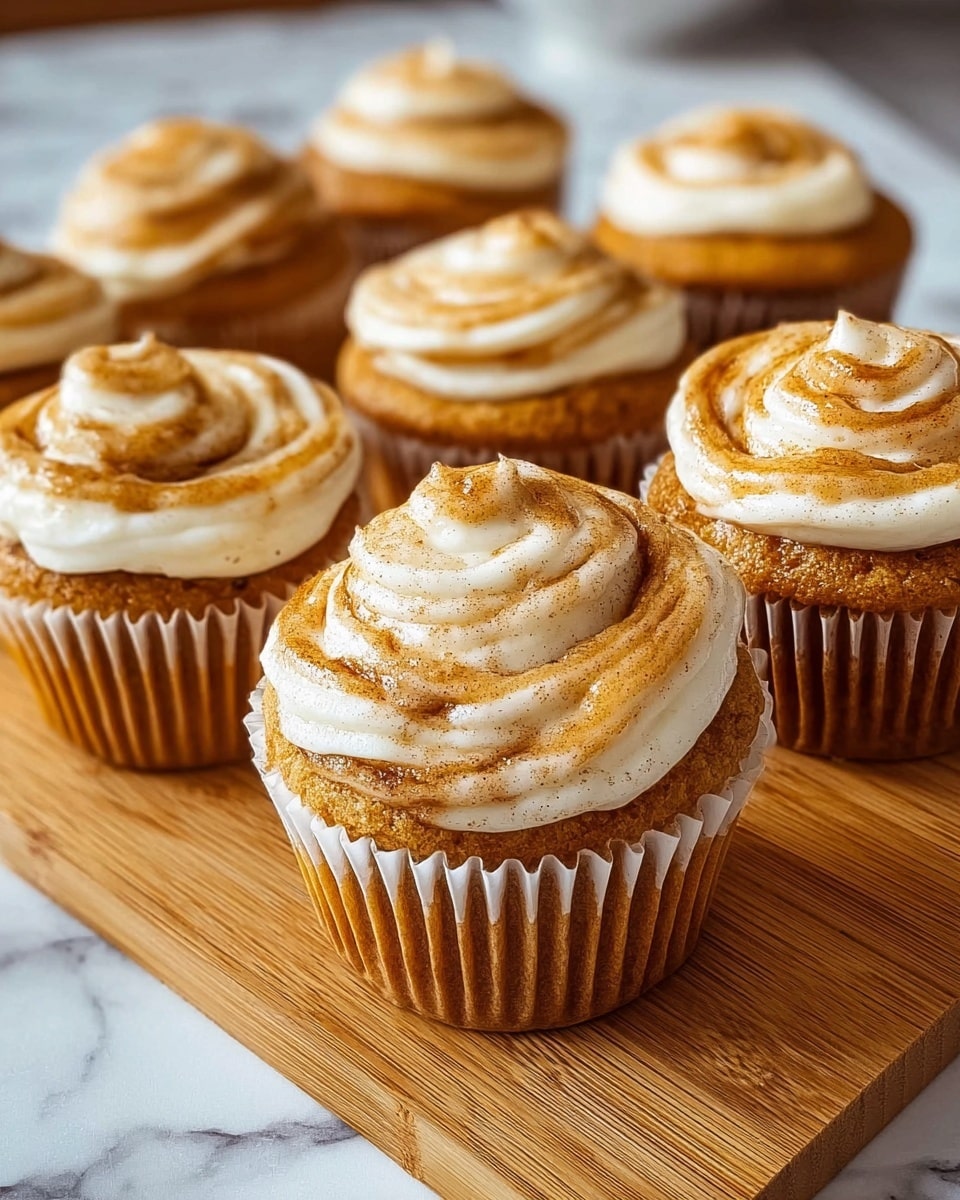 The image shows a close-up of several golden-brown cinnamon roll cupcakes with white cream cheese frosting swirled on top. Each cupcake has a visible spiral pattern from the cinnamon, with the light brown texture of the cake forming the base and the creamy white frosting in smooth swirls on the upper surface. The cupcakes are wrapped in white paper liners, and the scene is set on a wooden surface that has been changed to a white marbled texture. The lighting highlights the soft texture of the frosting and the slightly crispy edges of the cupcakes. photo taken with an iphone --ar 4:5 --v 7