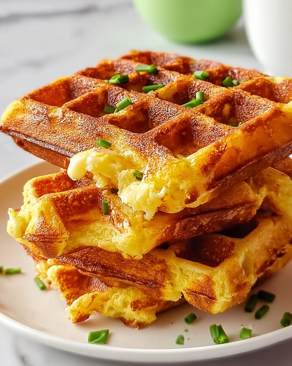 A stack of three golden brown waffles with a crispy texture is placed on a white plate, showing their deep square indentations filled with melted butter. The waffles have a rich yellow color with a slightly uneven surface hinting at a soft inside, while small green pieces of chives are sprinkled on and around them, adding a pop of color. The background has a soft white marbled texture, and a blurred green lime and white cup are slightly visible behind the plate. photo taken with an iphone --ar 4:5 --v 7