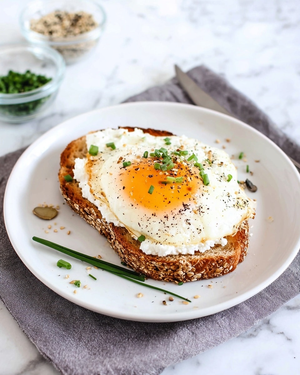 A white plate holds one slice of toasted multigrain bread with visible oats on the crust. On the toast, there is a layer of white cottage cheese with some black and beige seasoning sprinkled on top. Above this, a sunny-side-up egg with a bright yellow yolk and slightly crispy white edges sits at the center, garnished with small pieces of green chives. Around the plate, a few chive pieces and scattered seasoning add texture. The plate is placed on a gray cloth on a white marbled surface with two small clear glass bowls filled with green herbs and mixed seeds in the background. Photo taken with an iphone --ar 4:5 --v 7