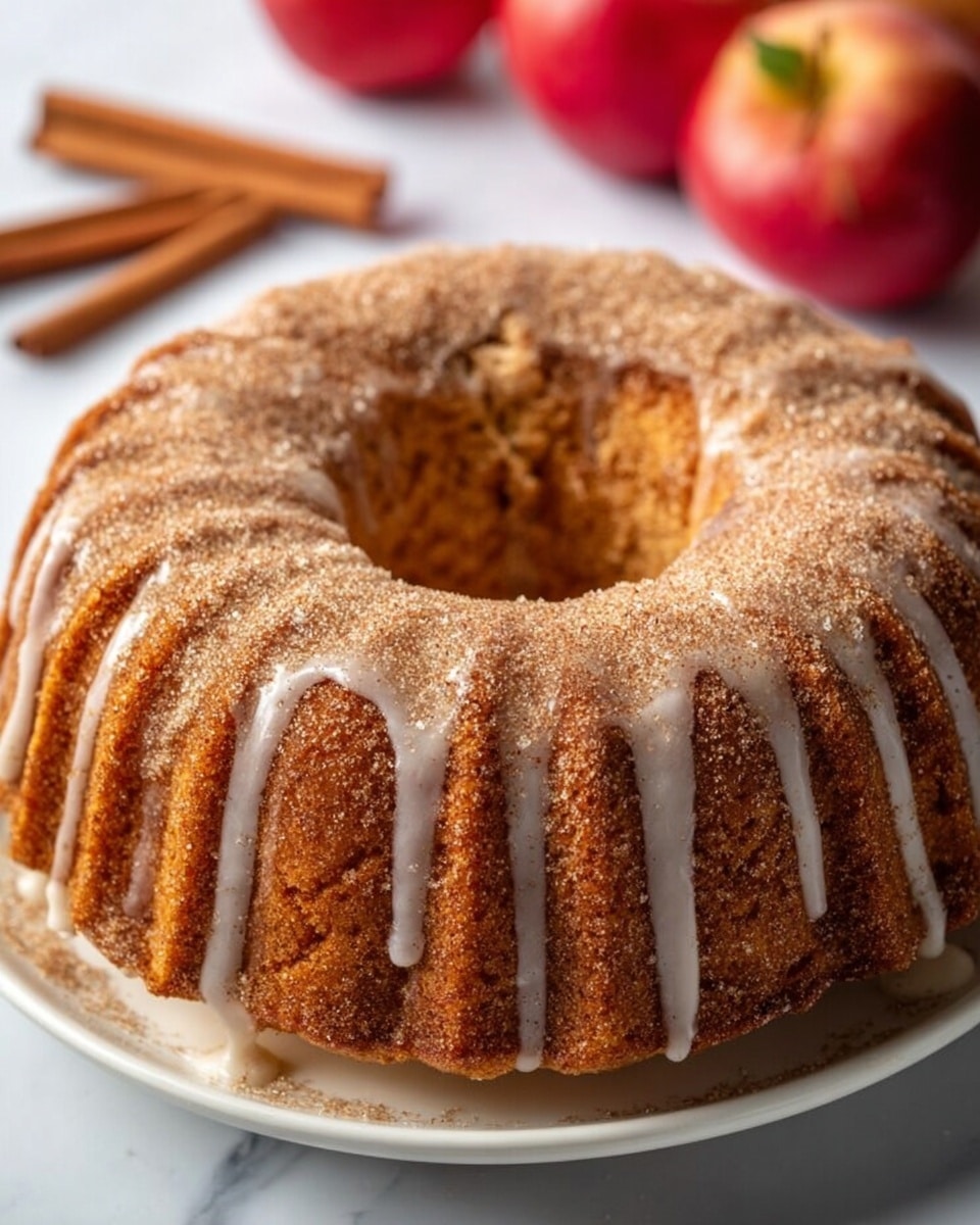A golden brown bundt cake sits in the center of a white plate on a white marbled surface. The cake has one layer with a textured, baked surface shaped with ridges from the bundt pan. It is topped with a white glaze that drips down the sides, sprinkled with light brown sugar and cinnamon crystals creating a sparkling effect. In the background, two red and yellow apples and two sticks of cinnamon add warm autumn tones. photo taken with an iphone --ar 4:5 --v 7