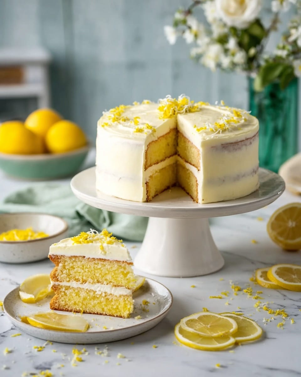 The image shows a two-layer lemon cake with light yellow sponge cake layers separated by a thin white cream filling. The top of the cake is covered in a smooth white cream layer with thin lemon peel curls and thin lemon slices as decoration. The cake sits on a white cake stand with a scalloped edge. In the front, a single slice of cake is placed on two stacked white decorative plates with a silver fork resting beside it. The background features whole and halved lemons and a soft blue cloth on a white marbled surface. Photo taken with an iphone --ar 4:5 --v 7