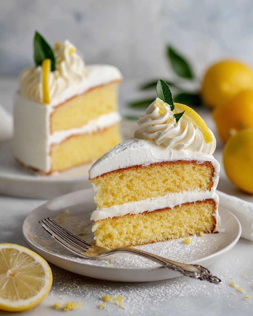 A three-layer yellow cake with light cream frosting between each layer and on top is placed on a white cake stand. The top layer is decorated with small yellow crumbs and some grated lemon zest in the center. A large slice is cut and placed on a white plate in front of the stand, showing the neat layers of cake and cream. Around the plates, there are scattered yellow crumbs and thin lemon slices. The scene is on a white marbled textured surface with a bowl of whole lemons and a green vase with white flowers blurred in the background. Photo taken with an iphone --ar 4:5 --v 7