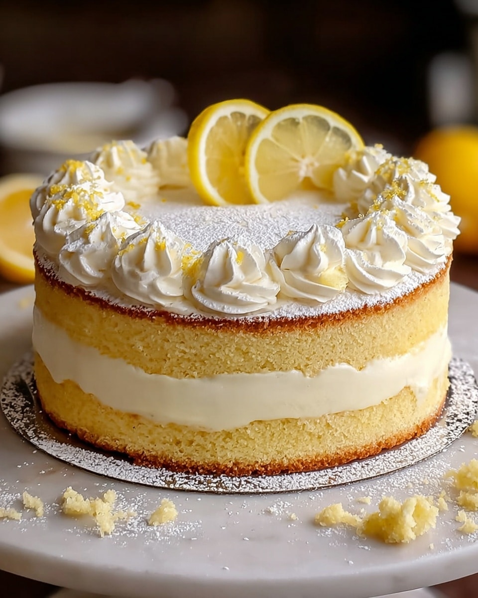A two-layer round cake with light yellow sponge layers separated by a thick white cream filling, all covered in smooth white frosting. The top has eight swirls of piped white cream around the edge, with two thin lemon slices standing up in the center. There is a dusting of powdered sugar on the top and around the base of the cake, which is on a white marbled surface with some crumbs scattered nearby. Photo taken with an iphone --ar 4:5 --v 7