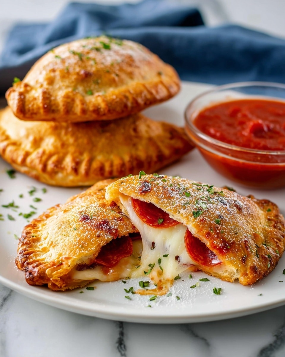 The image shows a white round plate with four golden-brown calzones, each with a crispy crust sprinkled with green herbs. Two calzones are stacked in the front, one cut open to show melted white cheese and red pepperoni inside. Behind them are two more whole calzones. To the side on the plate is a small clear glass bowl filled with smooth red marinara sauce garnished with a small green herb sprig. The plate sits on a white marbled surface with a white and blue checkered cloth blurred in the background. Photo taken with an iphone --ar 4:5 --v 7