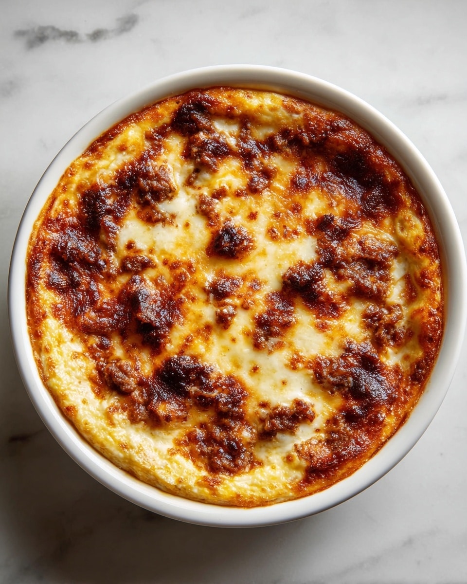 A round baked dish in a white bowl with a crispy golden-brown top layer of melted cheese, dark brown spots where cheese is caramelized, and scattered clumps of browned meat visible on the surface; beneath the top, the texture looks soft and creamy with a slightly puffed edge that frames the dish evenly. The bowl sits on a white marbled surface. photo taken with an iphone --ar 4:5 --v 7