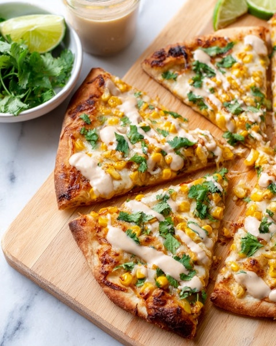 The image shows two triangular slices of thin crust pizza on a wooden board, placed on a white marbled surface. Each slice has a golden-brown crust with a slightly crisp edge. The first layer is melted cheese with patches of toasted brown. On top of that, there is a second layer of bright yellow corn kernels scattered across the slice. Fresh green cilantro leaves are spread evenly as a third layer. The final layer is drizzled creamy sauce that is light beige with a smooth texture running across the pizza slices in a wavy pattern. photo taken with an iphone --ar 4:5 --v 7