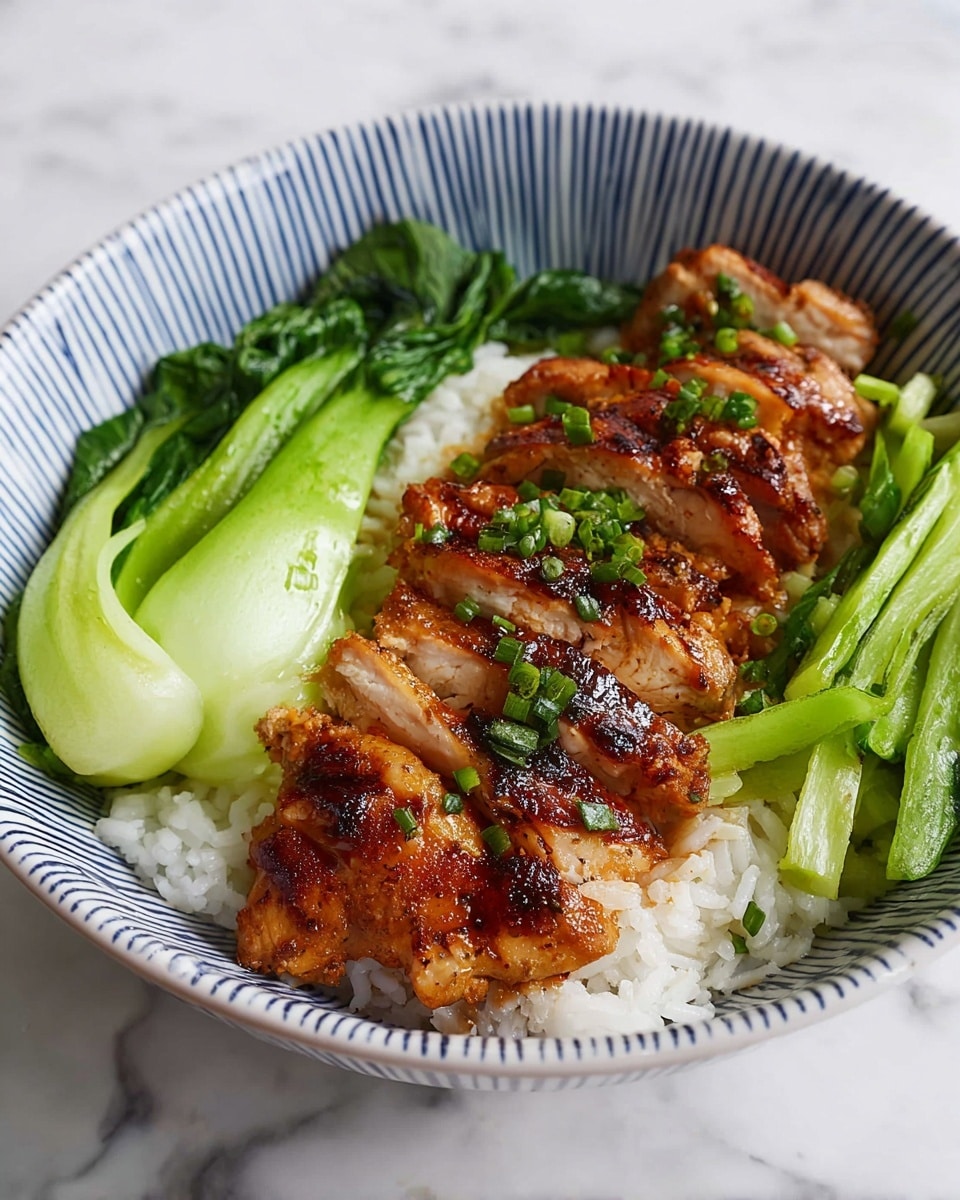 A white bowl with blue vertical stripes on the inside holds the dish. At the base, there is a layer of white rice with a soft, fluffy texture. On top of the rice, to one side, are six pieces of grilled chicken with a golden-brown, slightly crispy skin, sprinkled with small chopped green herbs. On the other side, there are bright green bok choy leaves and stalks, steamed and arranged neatly with a smooth, slightly shiny texture. The bowl sits on a white marbled surface. photo taken with an iphone --ar 4:5 --v 7