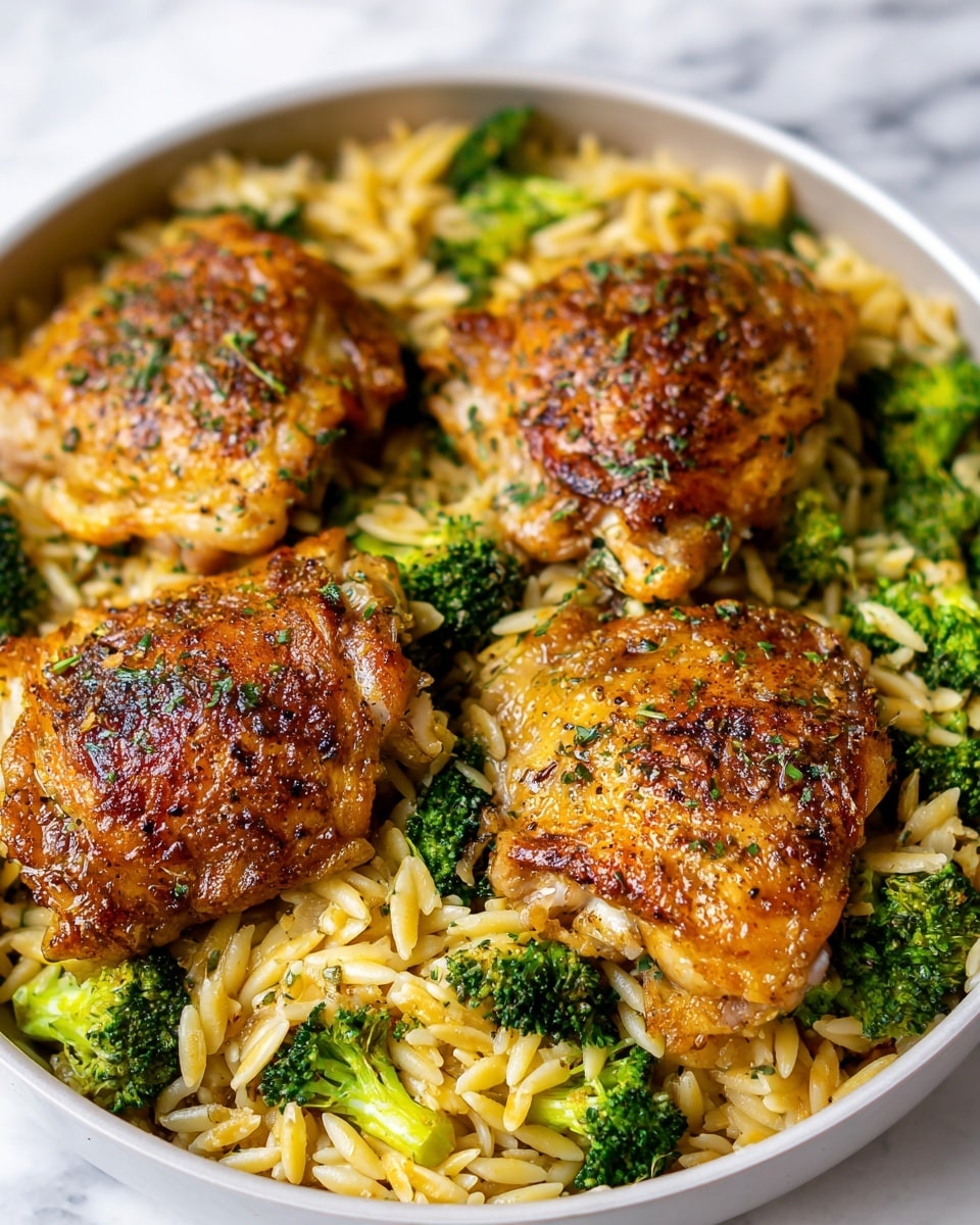 A white bowl filled with four golden-brown, crispy chicken thighs sprinkled with green herbs, sitting on top of a layer of light yellow orzo pasta mixed with bright green broccoli florets spread throughout. The chicken thighs have a crunchy, peppered texture, contrasting with the soft, slightly shiny orzo and fresh broccoli pieces below. The white bowl rests on a white marbled surface. Photo taken with an iphone --ar 4:5 --v 7