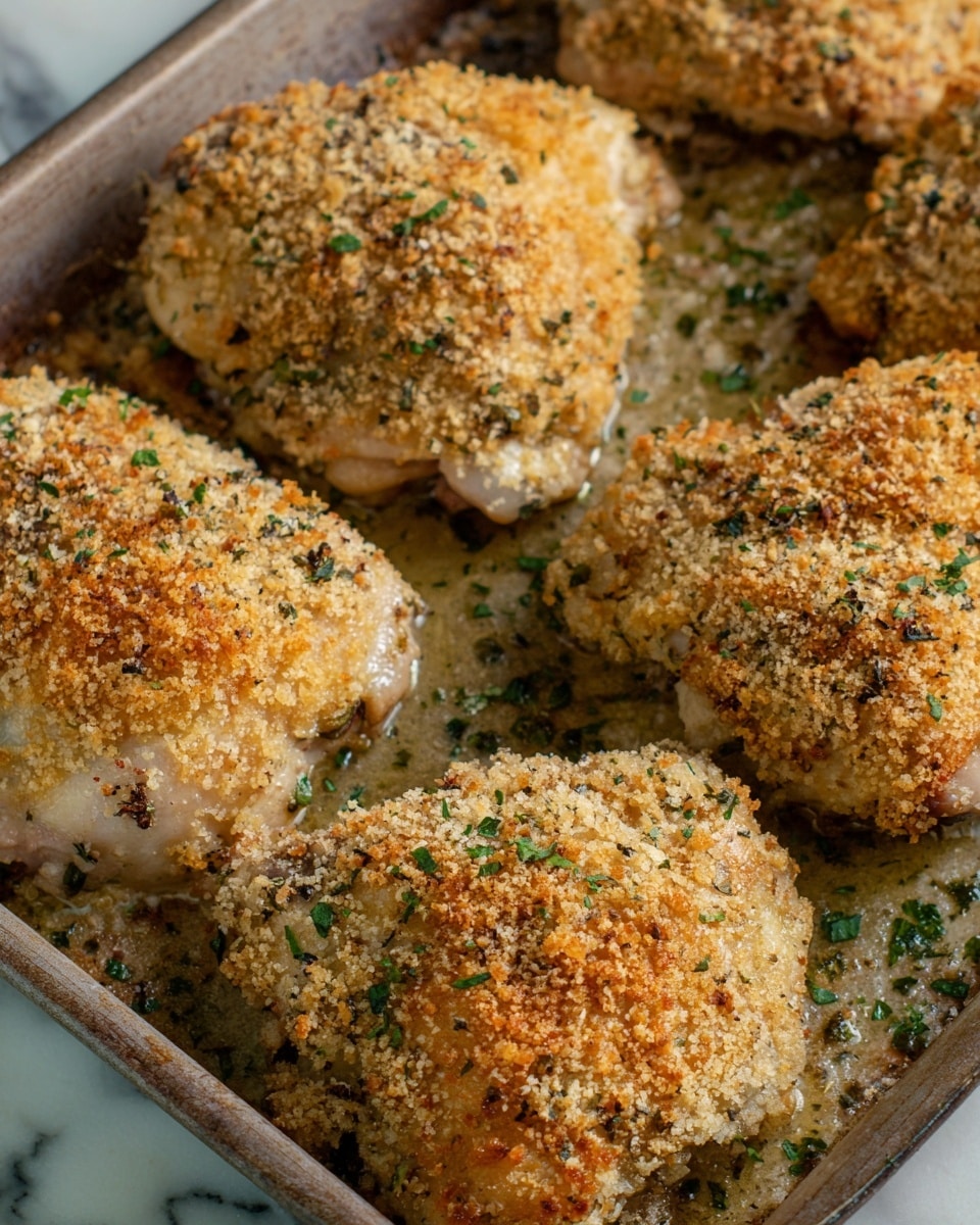 The image shows six pieces of baked chicken thighs arranged closely together in a baking tray, each piece covered with a golden brown crumb coating that looks crunchy and finely textured. The crumb layer is speckled with finely chopped green herbs and lightly browned bits, giving a rustic and appetizing appearance. The skin of the chicken thighs beneath the crumb mixture is slightly visible at the edges, adding a white and beige contrast underneath. The background shows the edges of the baking tray resting on a white marbled surface. Photo taken with an iphone --ar 4:5 --v 7