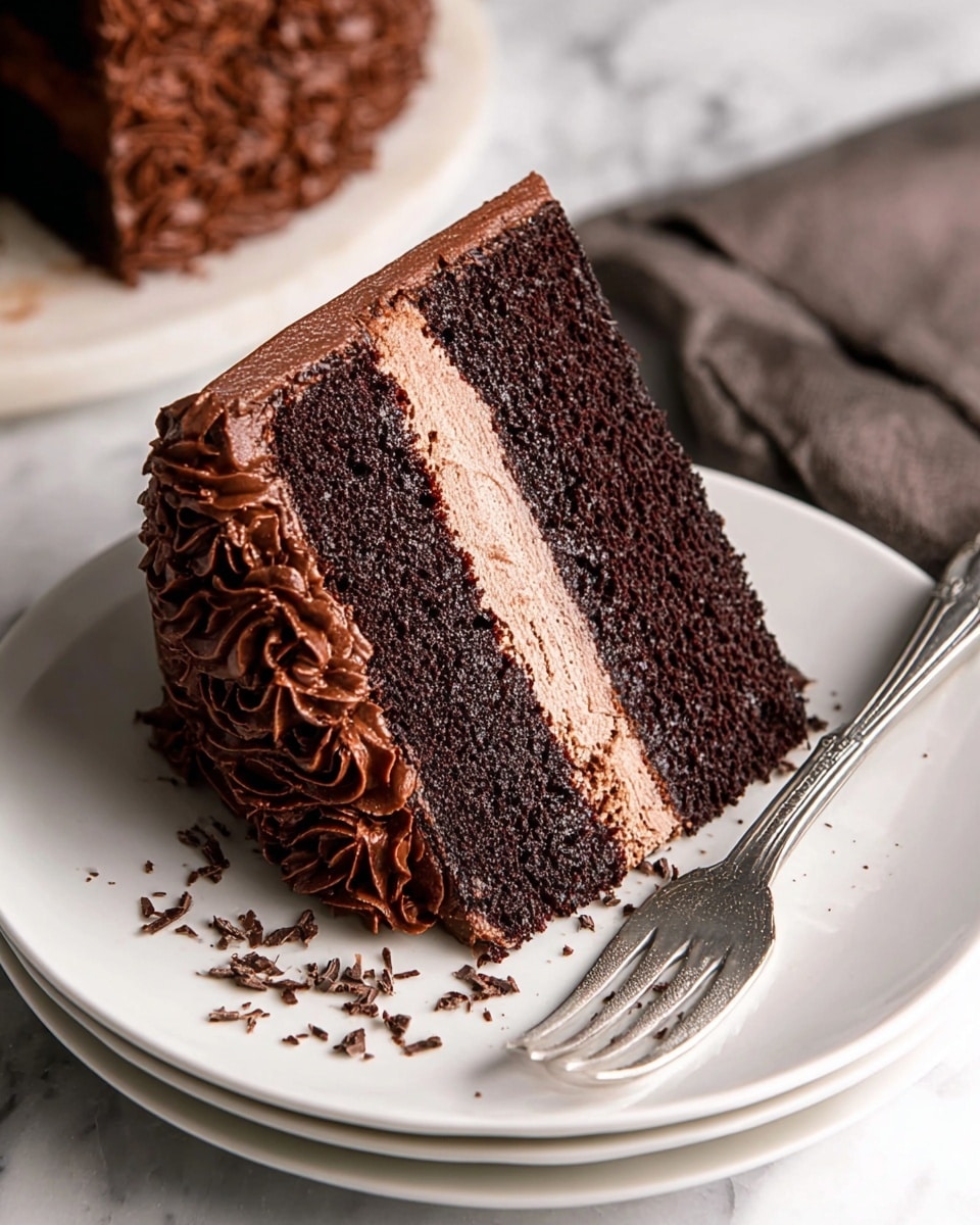 A slice of rich chocolate cake sits on a white plate with two thick, dark brown layers of moist cake separated by a lighter brown creamy frosting. The cake has a thick border of piped chocolate frosting along the bottom edge, with a smooth and creamy texture. Small chocolate bits are scattered lightly on the plate around the cake. A fork rests beside the slice on the plate. The scene is set on a white marbled texture that adds a soft contrast to the deep colors of the cake. Photo taken with an iphone --ar 4:5 --v 7