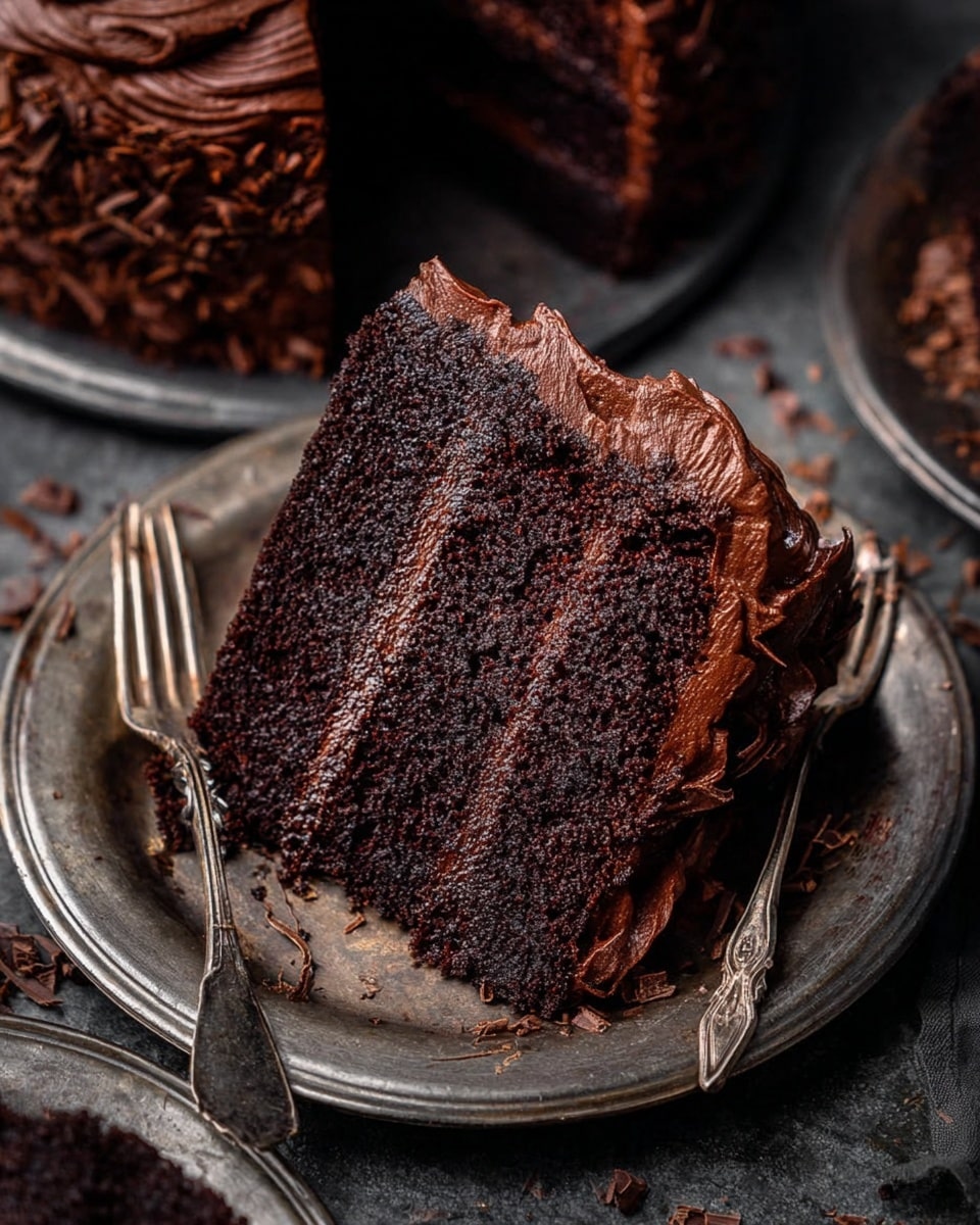 A close-up view of a rich chocolate cake slice on a worn silver plate, showing four even layers of dark brown moist cake alternated with thick smooth layers of glossy chocolate frosting. The top frosting layer is textured with swirls and surrounded by chocolate shavings that also scatter slightly on the plate. The background and surface are a dark rustic stone, a whole cake with similar chocolate frosting is partially visible behind the slice, and there are two old-fashioned silver forks beside the plate. Photo taken with an iphone --ar 4:5 --v 7