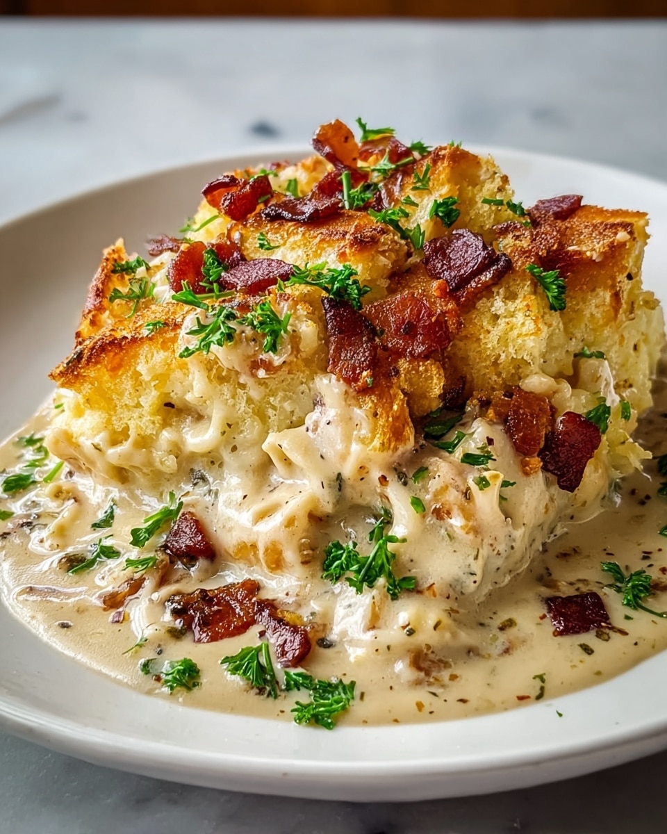 A white plate holds a serving of creamy casserole with a golden-brown top layer made of crisp baked pieces, scattered with small dark red-brown bacon bits. The middle layer beneath shows a soft, slightly crumbly light yellow texture. The whole dish is covered in a thick, light beige creamy sauce with specks of black pepper and herbs. Bright green fresh parsley is sprinkled on top, adding color and freshness. The plate rests on a white marbled surface. photo taken with an iphone --ar 4:5 --v 7