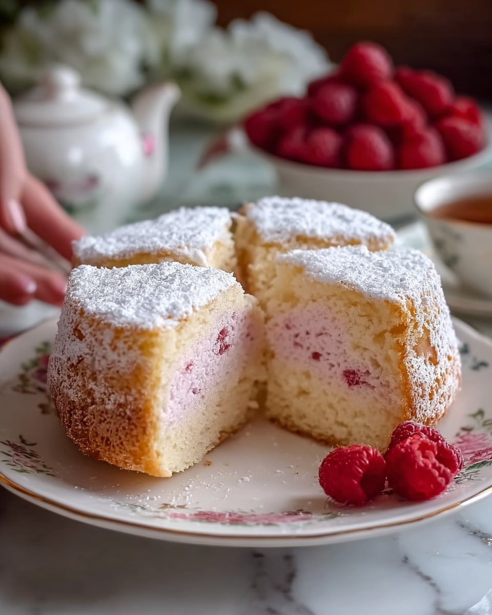A small round cake on a white plate with a gold rim is shown with a slice removed from it. The cake has two main layers: the outer layer is light golden brown with a soft, spongy texture and is covered in a thick layer of white powdered sugar. Inside, there is a thick, creamy pink layer that looks smooth and fluffy with a few small red spots. The plate is set on a white marbled surface, and in the background, a white floral teapot and a white plate with fresh red raspberries are slightly blurred. A woman's hand is visible near the teapot. Photo taken with an iphone --ar 4:5 --v 7