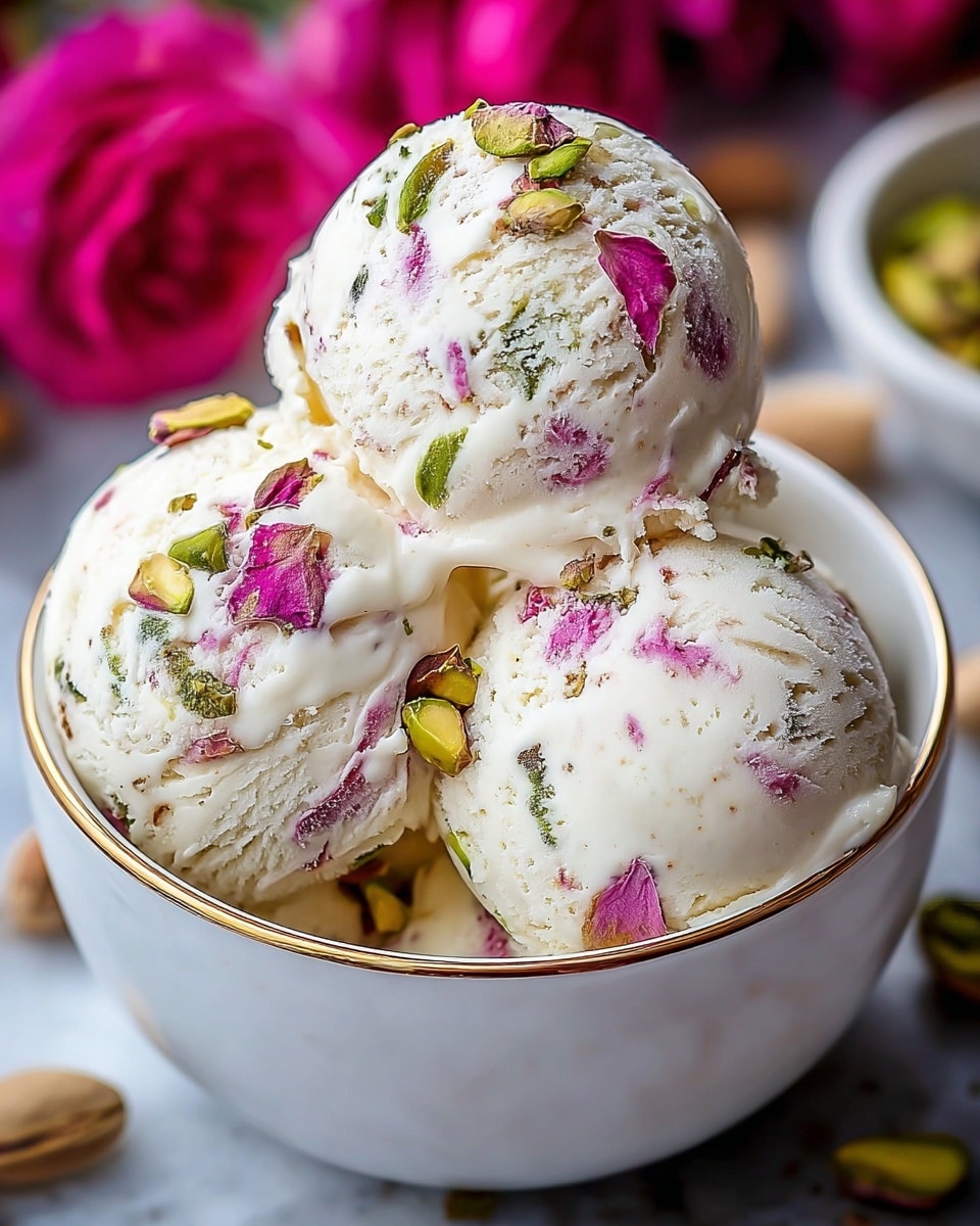 A white bowl with a gold rim holds three scoops of creamy white ice cream, each scoop dotted with small bright green pistachio pieces and vibrant pink rose petal bits. The ice cream has a smooth, rich texture with visible ridges from scooping. Around the bowl are scattered pink rose petals and blurred bright pink flowers in the background, all set on a white marbled surface. photo taken with an iphone --ar 4:5 --v 7