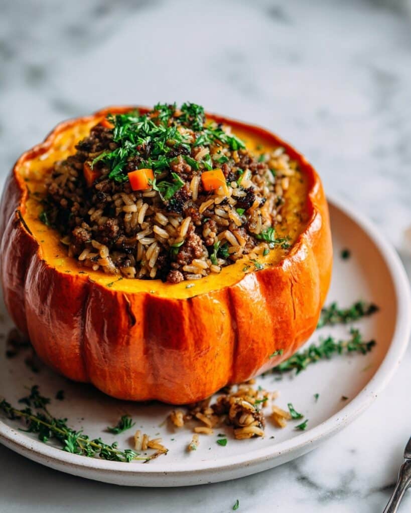 Roasted Stuffed Pumpkin with Wild Rice, Sausage, Cranberries, and Pecans Recipe
