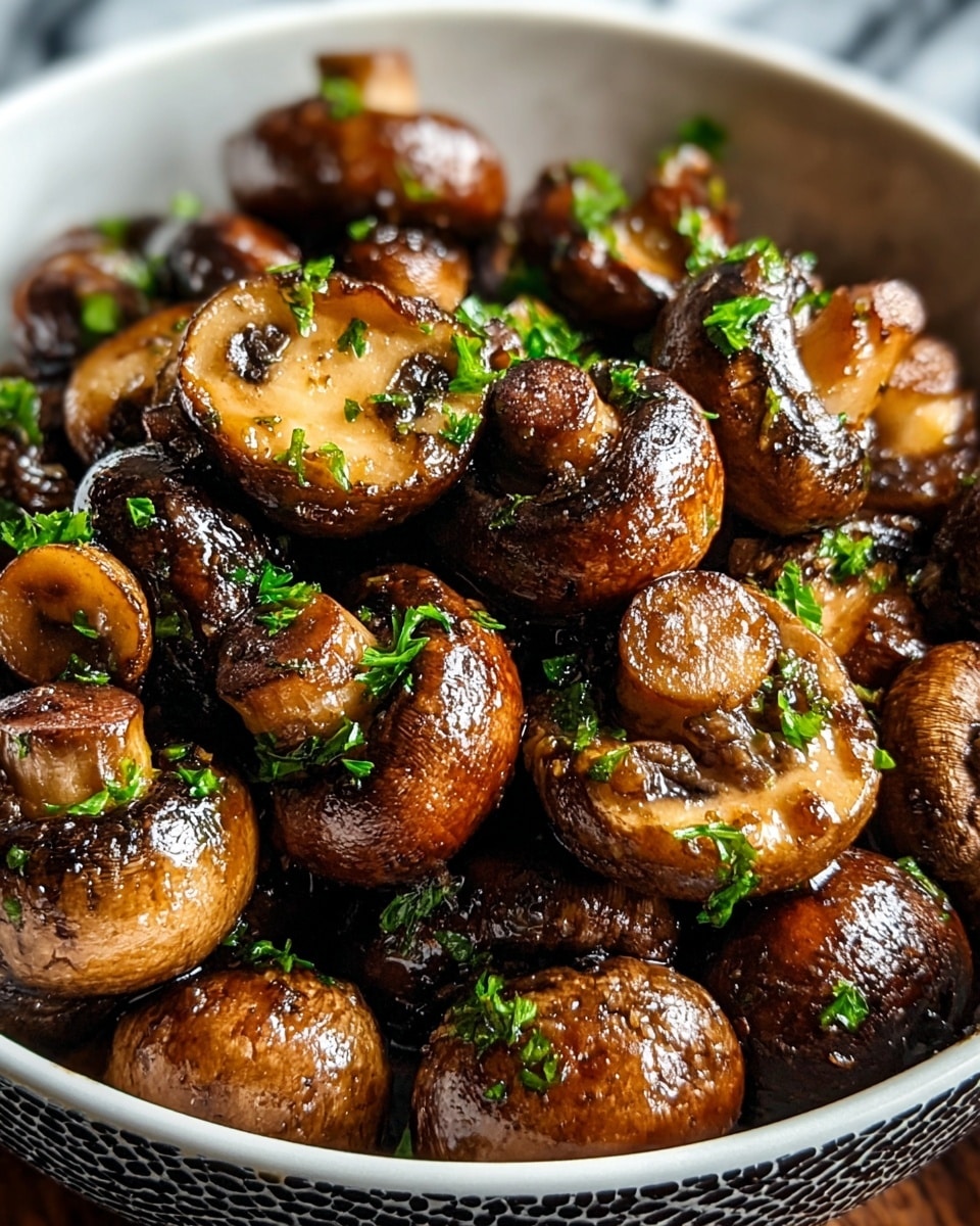 This image shows a close-up of a bowl filled with cooked whole and halved brown mushrooms. The mushrooms have a shiny, glazed look with a rich brown color, mixed with darker, slightly charred edges, giving them a crispy texture. Small bright green parsley bits are sprinkled throughout, adding a fresh contrast to the earthy mushrooms. The bowl is white with a textured black pattern on the inside, and the background features a white marbled texture. photo taken with an iphone --ar 4:5 --v 7
