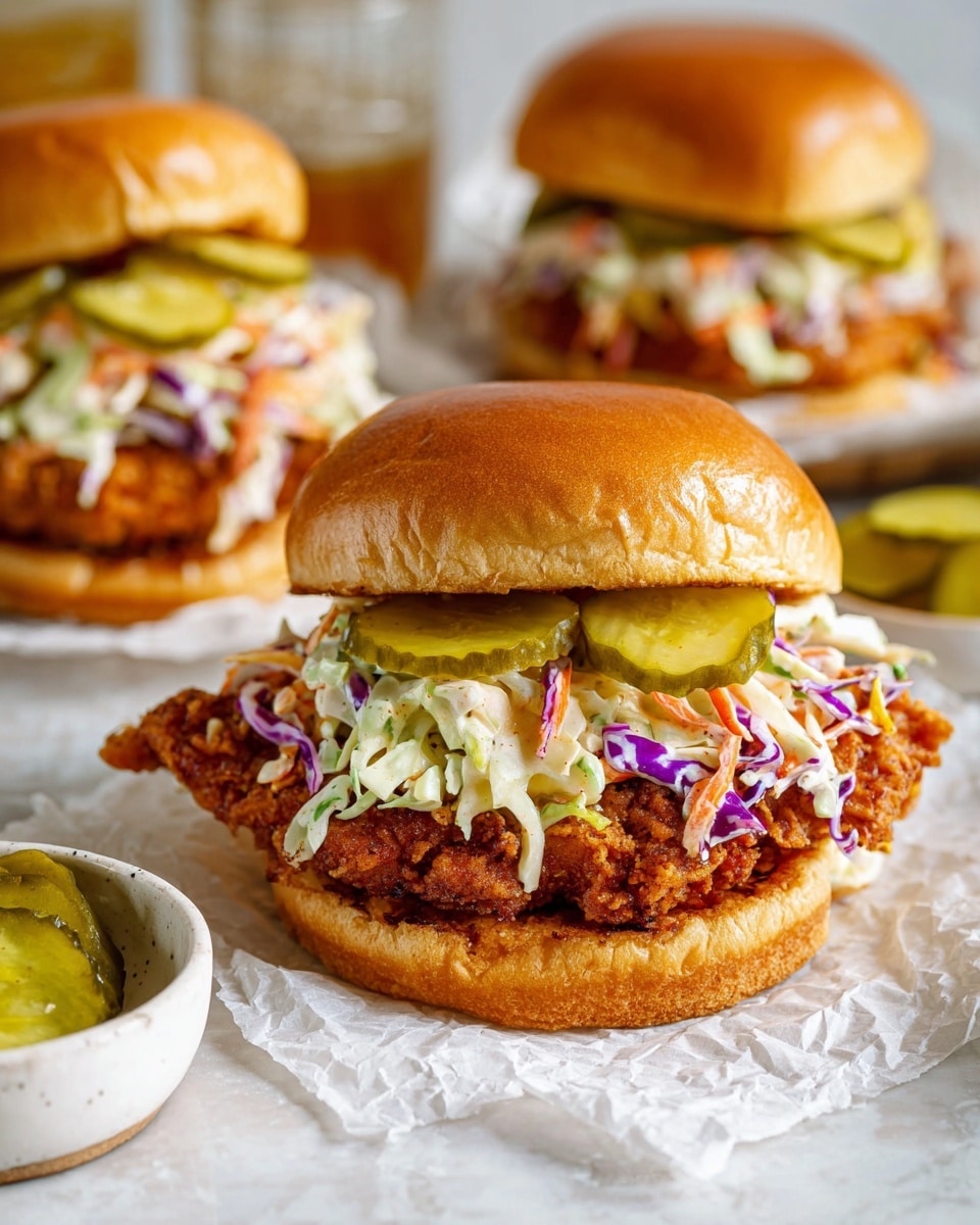 The image shows a fried chicken sandwich with three main layers inside a shiny golden brown bun. The bottom layer is a thick, crispy fried chicken fillet with a crunchy texture. Above the chicken, there is a colorful coleslaw mix made of thinly shredded white, purple cabbage, and orange carrots coated in a creamy dressing. On top of the coleslaw, there are several bright green pickle slices adding a fresh contrast before the soft, glossy top bun is placed over everything. The sandwich rests on white crumpled parchment paper, and two more similar sandwiches are blurred softly in the background on a white marbled surface. A small white bowl with pickle slices sits nearby as well. photo taken with an iphone --ar 4:5 --v 7