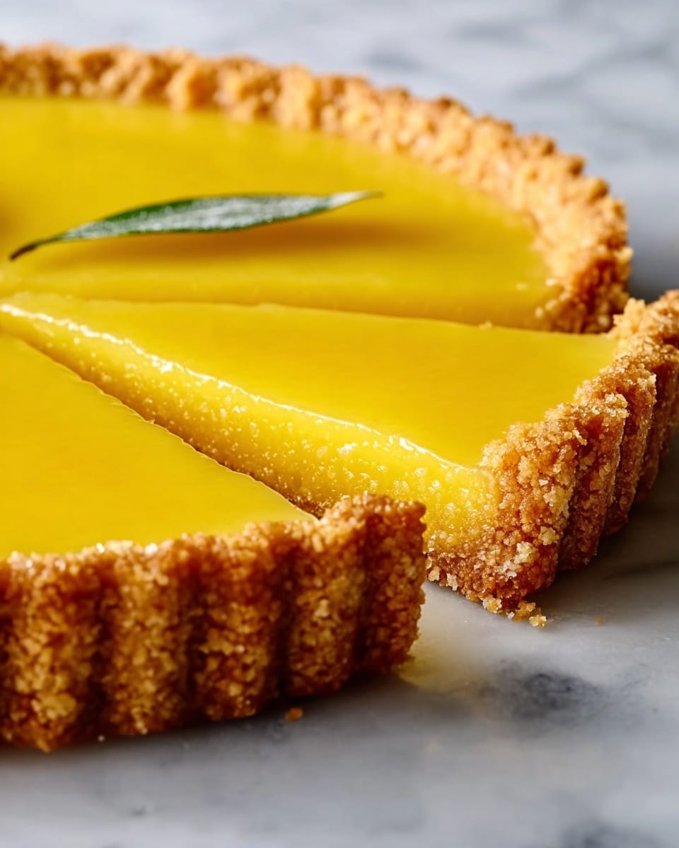 A close-up of a tart showing two main layers: the thick, crumbly golden brown crust with a coarse, grainy texture forming the base and sides, and a smooth, shiny bright yellow filling that fills the crust evenly. The crust has a scalloped edge with visible grains of sugar or crumbs giving it a crunchy look. A small, partially visible green leaf decoration rests on the shiny yellow surface. The dessert is placed on a white marbled texture surface. Photo taken with an iphone --ar 4:5 --v 7