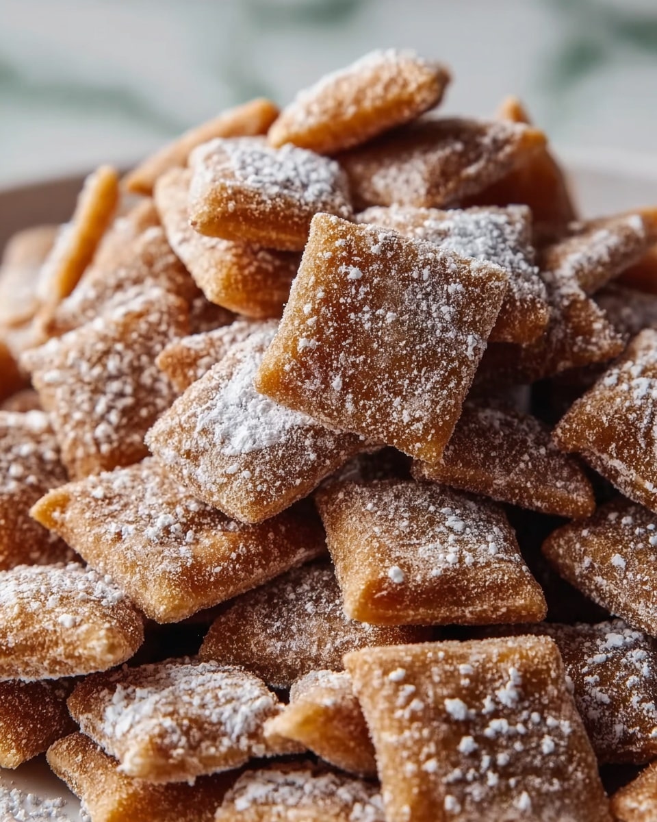A white plate holds a pile of small, pillow-shaped snack pieces covered with powdered sugar. Mixed within the pile are light brown, crunchy nuts adding texture. Next to the pile on the plate is a sliced red apple showing its light cream inside. The plate rests on a white marbled surface. Photo taken with an iphone --ar 4:5 --v 7