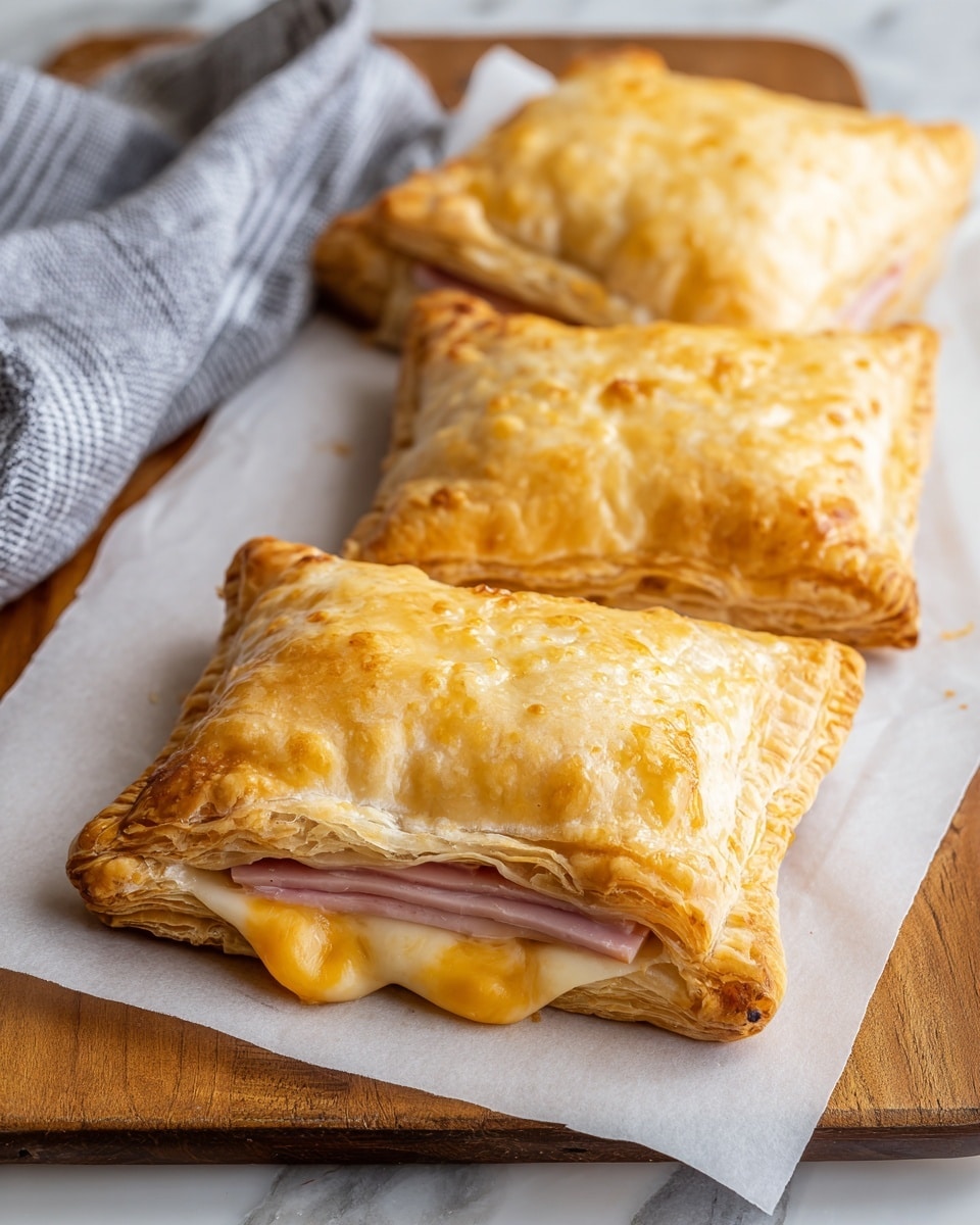 The image shows three golden brown, square-shaped pastries with flaky, shiny tops arranged in a line on white parchment paper over a wooden board. The closest pastry is cut open to reveal layers inside: a bottom layer of light brown crust, a middle layer of folded pink ham slices, and a top layer of melted cheese combining white and yellow colors, oozing slightly. The edges of the pastries are crimped, showing a crispy texture. A gray and white striped cloth is partially visible on the left side. The overall scene is set on a white marbled surface. photo taken with an iphone --ar 4:5 --v 7