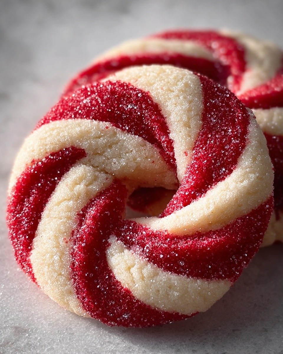 The image shows a round cookie with a twisted swirl pattern of two layers. One layer is creamy white with a soft, slightly grainy texture, and the other is a bright red, also with a coarse sugar coating that sparkles under the light. The cookie has six thick red and white alternating stripes that spiral from the outer edge to the hollow center. The surface is sprinkled with coarse sugar crystals that add a shiny texture and make the colors pop. The cookies rest on a white marbled textured surface. photo taken with an iphone --ar 4:5 --v 7