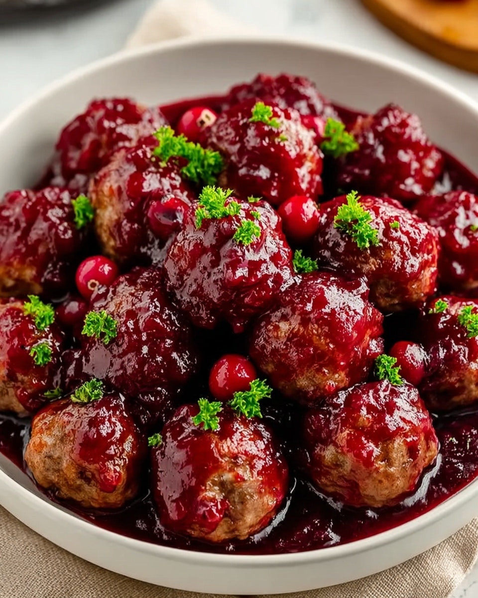 A white bowl filled with about fifteen round meatballs, each coated in a shiny red cranberry sauce, with visible whole cranberries mixed in. The sauce is thick and glossy and covers most of the meatballs, leaving parts of the brown meat visible. Bright green small parsley leaves are scattered on top, adding color contrast. The bowl sits on a beige cloth over a white marbled surface, and the overall look is warm and inviting. photo taken with an iphone --ar 4:5 --v 7