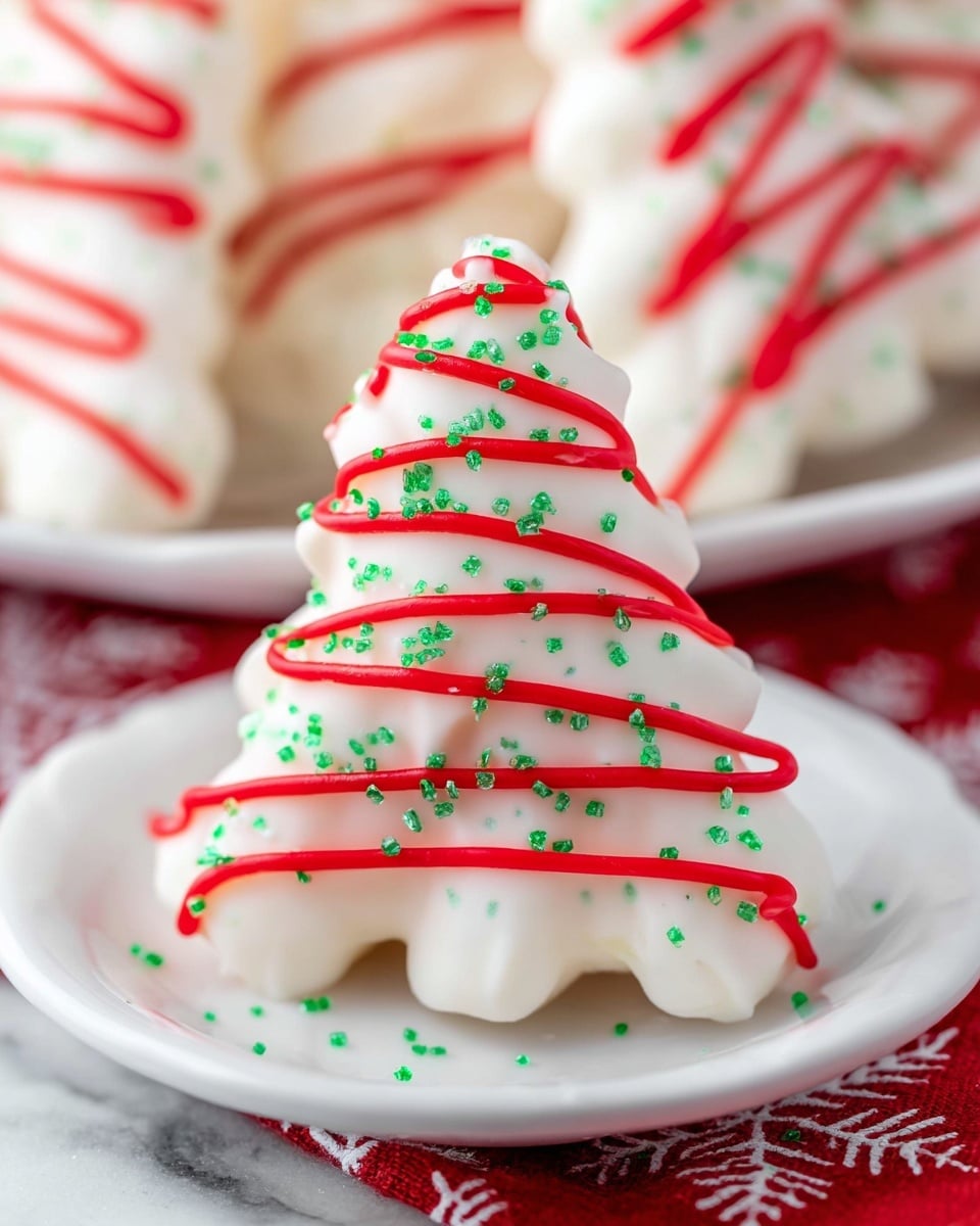 The image shows a close-up of a small, tree-shaped treat covered in smooth white icing with a slightly glossy texture. The treat is decorated with thin, wavy red icing lines wrapped around it like garlands. Scattered green sugar crystals add a sparkly texture across the white coating. The treat sits on a white plate with more of the same treats blurred in the background. The plate rests on a white marbled surface with a hint of a red cloth underneath showing white snowflake patterns. photo taken with an iphone --ar 4:5 --v 7