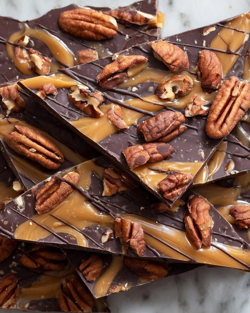This image shows several triangular pieces of chocolate bark stacked over each other with a rough texture. The base layer is dark chocolate, topped with smooth swirls of caramel in light amber color spread unevenly. Whole and chopped pecan nuts with a warm brown color are scattered on the top layer, some partly embedded in the caramel. Dark chocolate drizzle creates thin lines randomly crossing the caramel and nuts, giving a decorative look. The bark pieces have sharp edges and a glossy surface. The photo was taken on a white marbled textured surface. photo taken with an iphone --ar 4:5 --v 7