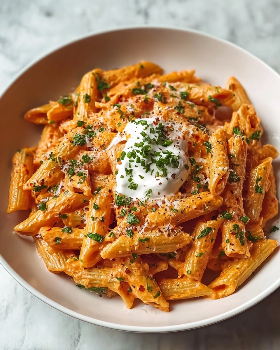 A white bowl filled with penne pasta coated in a creamy orange sauce, with finely chopped green herbs sprinkled throughout and on top. A small dollop of white cream sits in the center, garnished with more green herbs. The pasta looks creamy and slightly glossy, with tiny bits of grated cheese scattered over the dish. The bowl is placed on a white marbled surface, and the overall image is bright and clear. photo taken with an iphone --ar 4:5 --v 7
