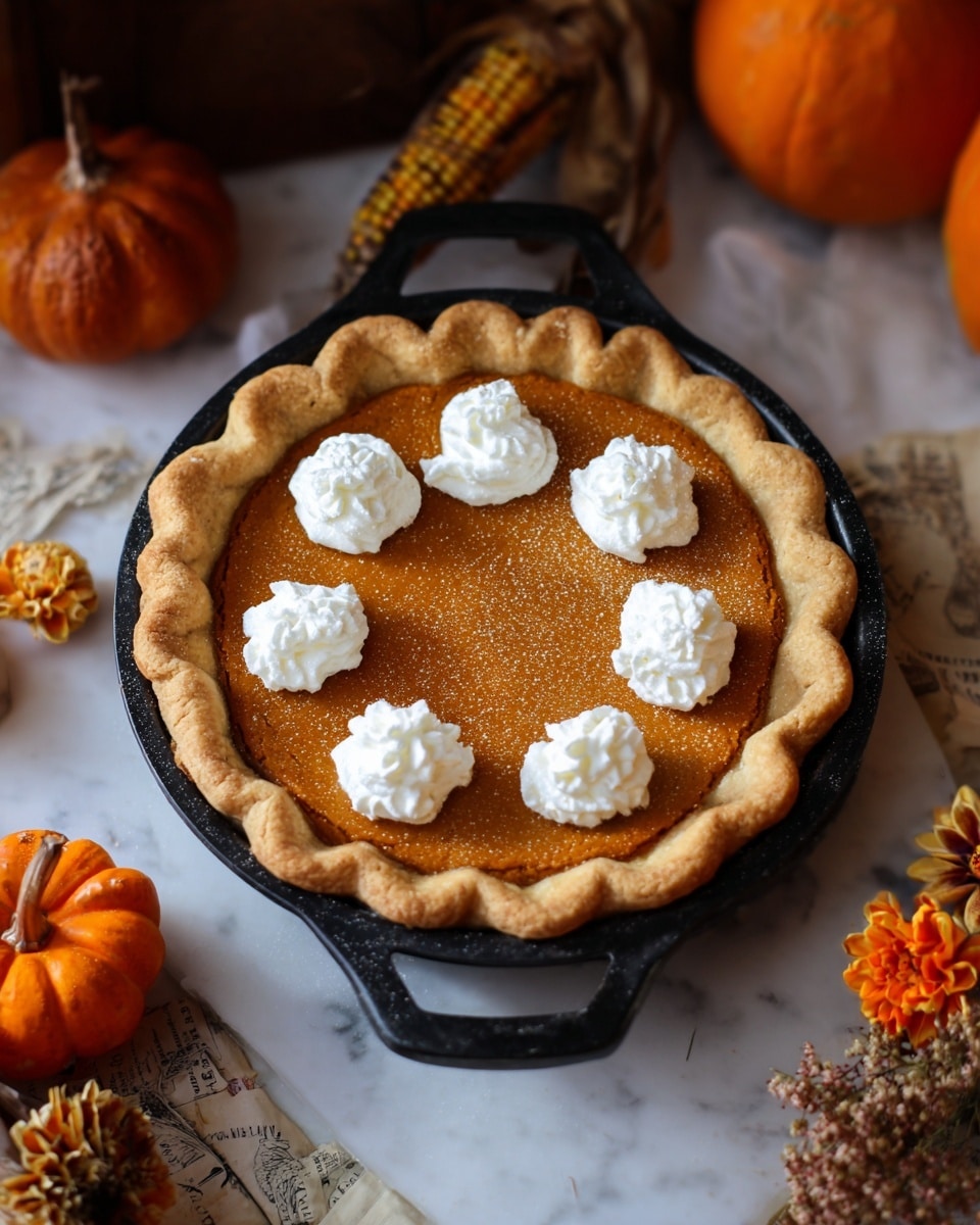 A round pumpkin pie with a golden-brown crust sits in a black cast iron pan on a white marbled surface. The pie has a smooth orange filling topped with seven dollops of white whipped cream spaced evenly around the center. The crust is thick and crimped along the edges. In the background are two small pumpkins and an ear of corn, adding warm autumn tones. Some dried flowers and old paper clippings are scattered lightly on the white marbled surface around the pan. Photo taken with an iphone --ar 4:5 --v 7