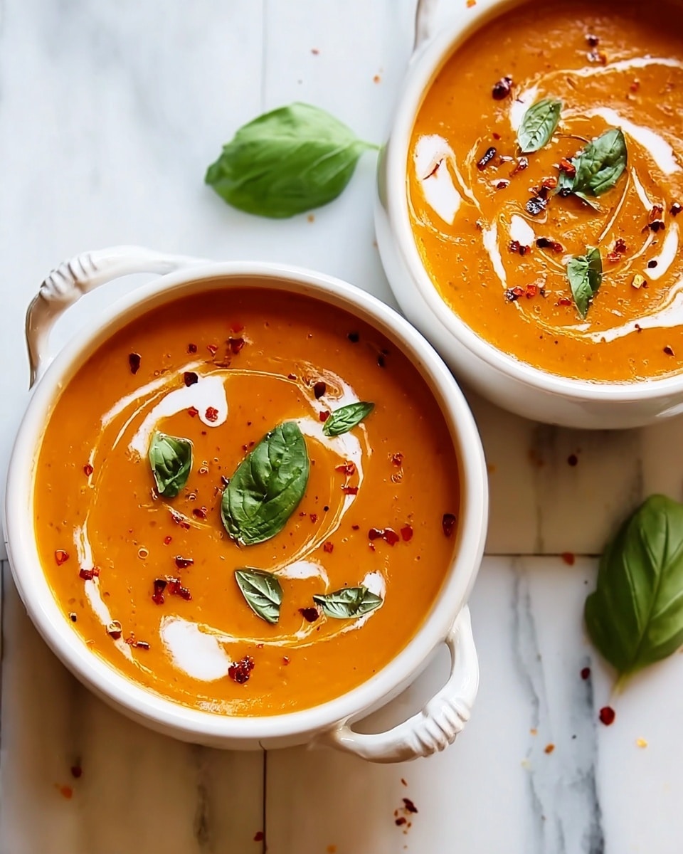The image shows two white bowls with rounded handles filled with smooth orange soup, topped with swirls of white cream, small red chili flakes, and fresh green basil leaves placed on a white marbled surface. The soup has a thick texture and a vibrant warm color, while the cream forms gentle swirls on the surface creating a contrast. The basil leaves are whole and placed near the center and edges of the soup. Photo taken with an iphone --ar 4:5 --v 7