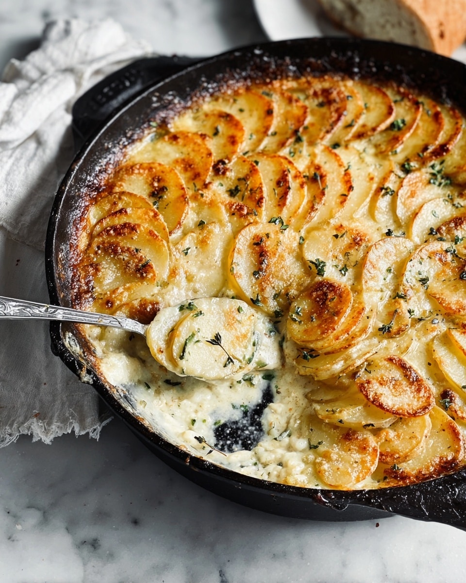 The image shows a baked dish in a black cast iron pan with a golden-brown top layer of thinly sliced potatoes arranged in overlapping curved rows. The top is bubbly and slightly crispy with small browned spots, scattered with fresh green herbs. Below the potato layer, a creamy white sauce is visible, rich and smooth, with some of it scooped out by a spoon revealing a thick bottom layer. The edge of the dish has a darker browned crust. The pan sits on a white marbled surface, with a white cloth napkin nearby and a piece of bread partially visible at the top left. Photo taken with an iphone --ar 4:5 --v 7