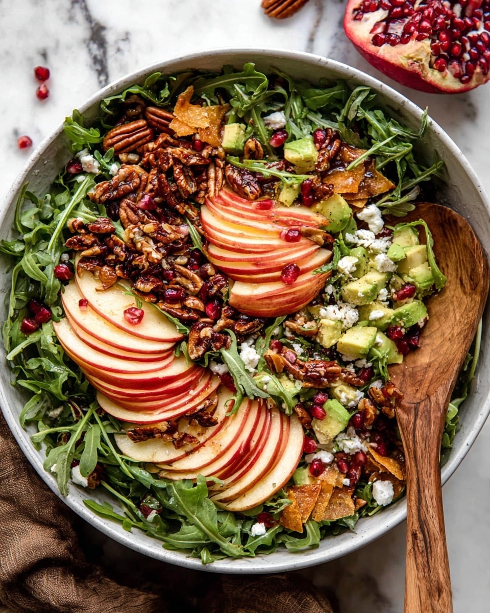 A large white bowl filled with a fresh salad featuring several main layers: a base of bright green arugula leaves scattered throughout, topped with thinly sliced red apple wedges with white flesh neatly fanned out in groups across the bowl. Interspersed are small chunks of pale green avocado, deep red pomegranate seeds adding vibrant spots of color, and crumbled white cheese scattered over the top. Roasted nuts and seeds in a golden brown color add texture and depth, along with thin, crispy brown chips layered lightly on the salad. The bowl is accompanied by a wooden spoon resting inside, the whole scene set on a white marbled surface. Photo taken with an iphone --ar 4:5 --v 7