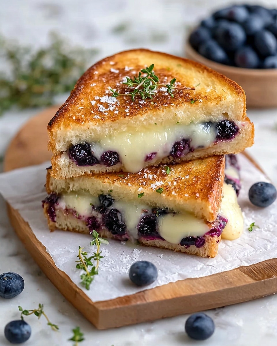 The image shows a sandwich cut into two triangular halves on a white marbled surface. Each half has golden brown toasted bread as the outer layers, with a slightly crispy texture visible on the crust that has some oats or seeds. Inside, there is a creamy white melted cheese layer, and beneath that, a layer of dark purple blueberries or blueberry sauce that slightly oozes out from the edges. Large coarse salt crystals and small green herb sprigs are scattered on top of the bread, adding texture and color. Around the sandwich, loose blueberries and green herb sprigs are casually placed, with small wooden bowls holding blueberries and coarse salt nearby. photo taken with an iphone --ar 4:5 --v 7