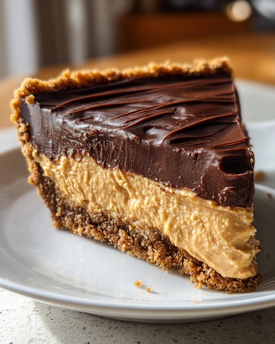 A close-up of a slice of pie on a white plate, showing three distinct layers. The bottom layer is a crumbly brown crust with a rough texture that extends slightly beyond the edge of the slice. Above that is a thick, creamy peanut butter-colored filling with a smooth, slightly firm texture, and on top is a thick layer of glossy, dark chocolate ganache with visible smooth brush strokes. The slice is set against a white marbled textured surface, with soft natural light highlighting the glossy and creamy textures. Photo taken with an iphone --ar 4:5 --v 7