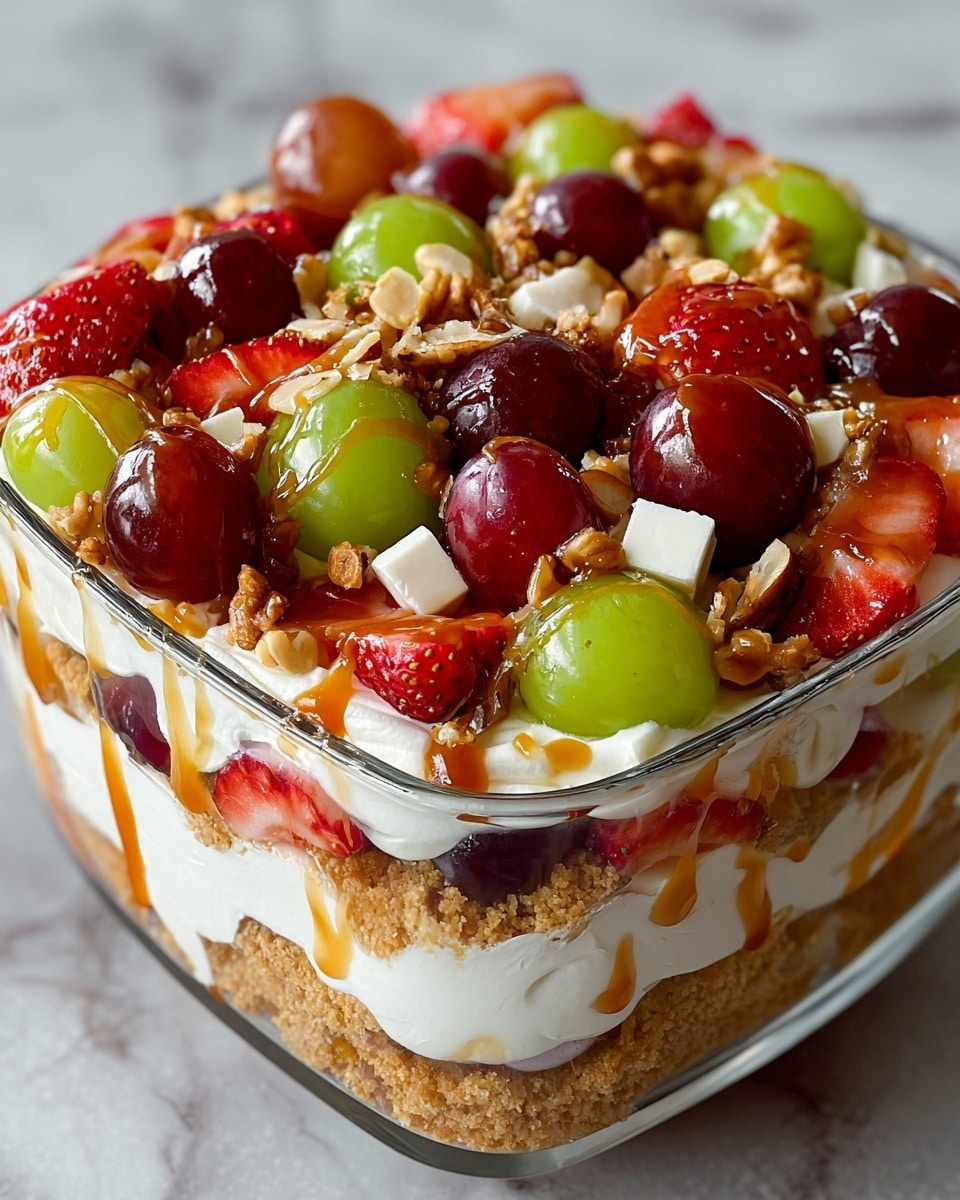 A clear glass bowl shows a dessert with three visible layers: the bottom is crumbly golden brown, the middle is thick and creamy white whipped cream, and the top is a colorful mix of fresh fruits and toppings. The top layer has shiny green grapes, dark purple grapes, and bright red strawberry slices spread evenly. There are small white chunks of soft cream or marshmallow, sprinkled with crushed nuts and crumbs, all drizzled with smooth caramel sauce that glistens. The bowl sits on a white marbled surface. photo taken with an iphone --ar 4:5 --v 7